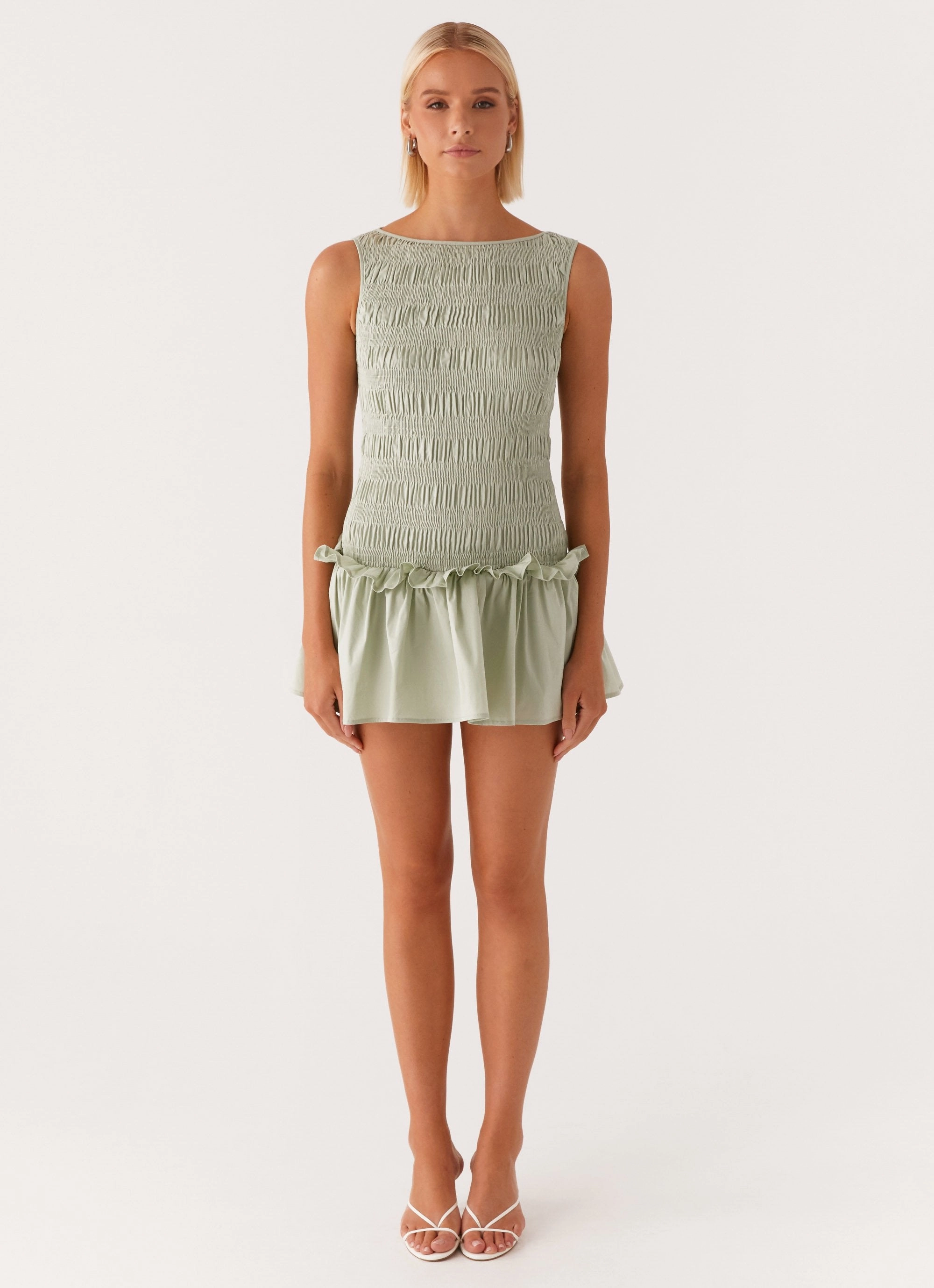 Garden Kisses Shirred Mini Dress - Sage Light Fabric Lounge Style