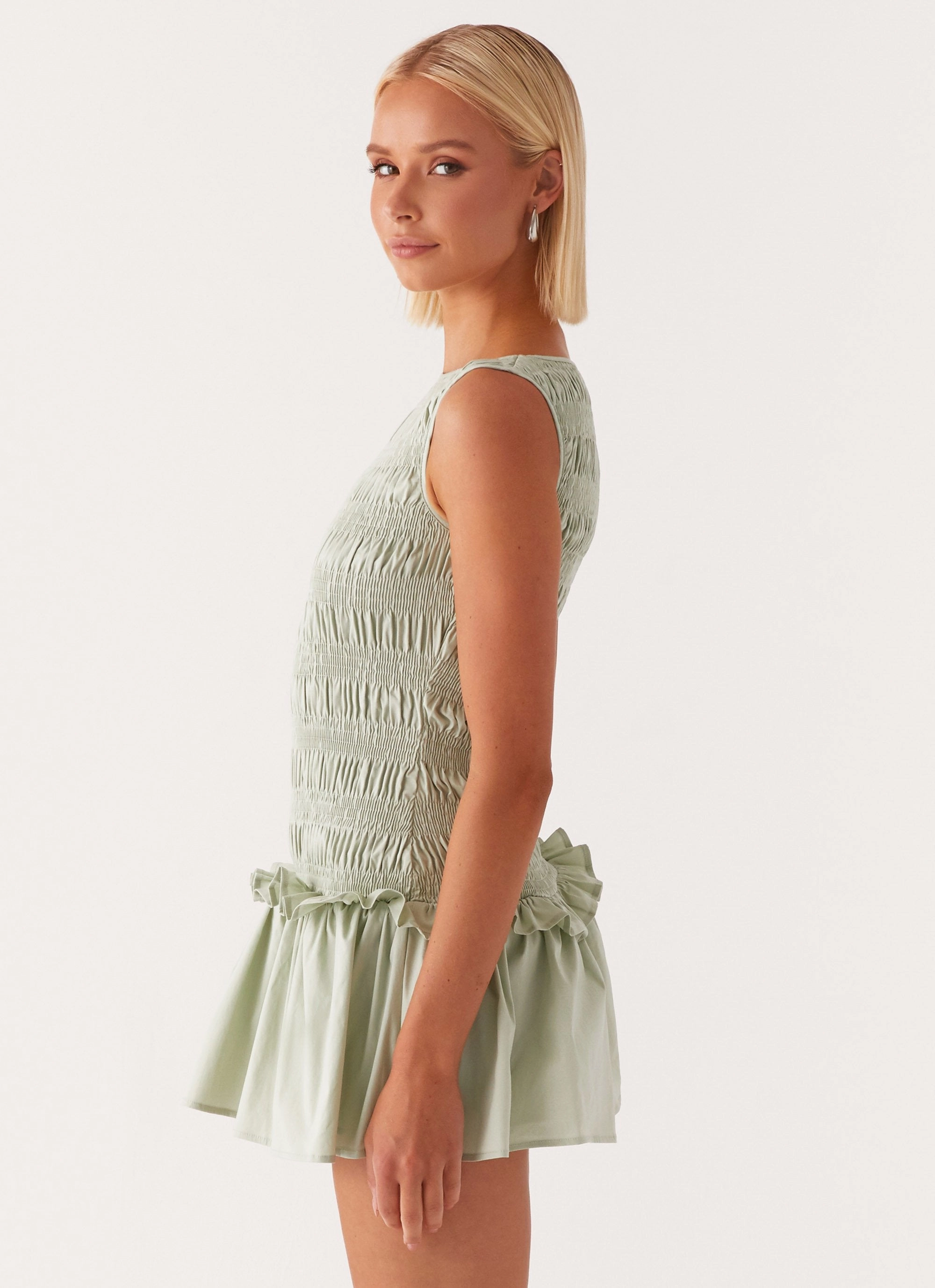 Garden Kisses Shirred Mini Dress - Sage Polished Details
