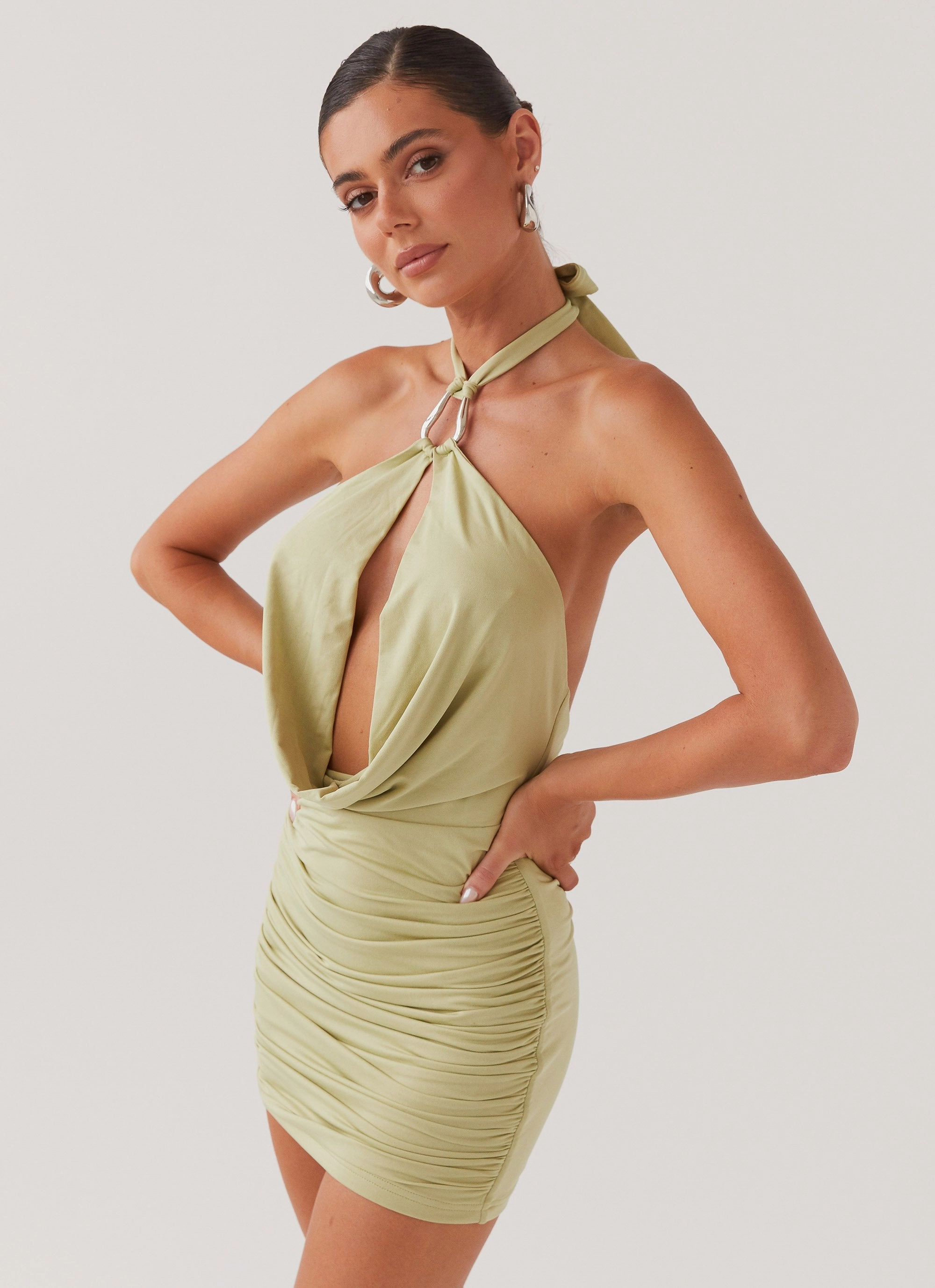Minimal Design Samara Halterneck Mini Dress - Sage