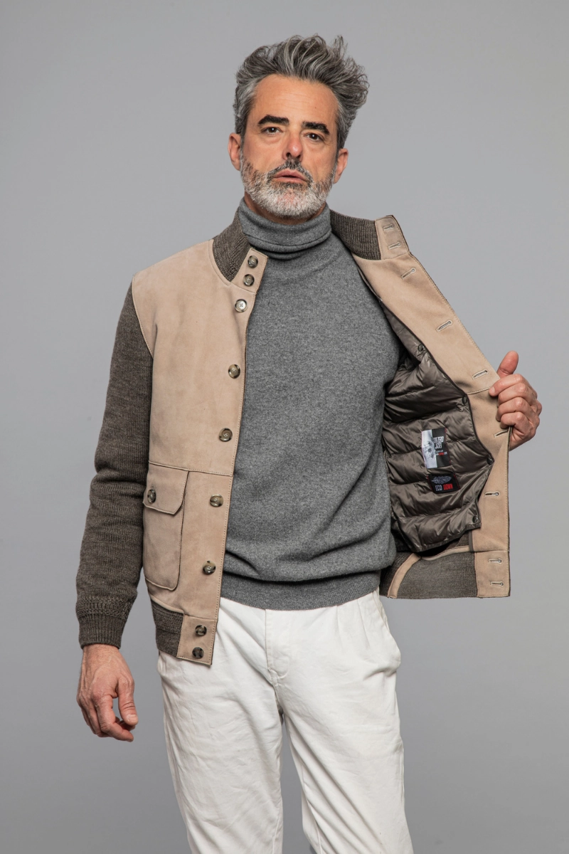 Wedge Knit Leather Jacket Stretch Cloth Functional Pockets Style