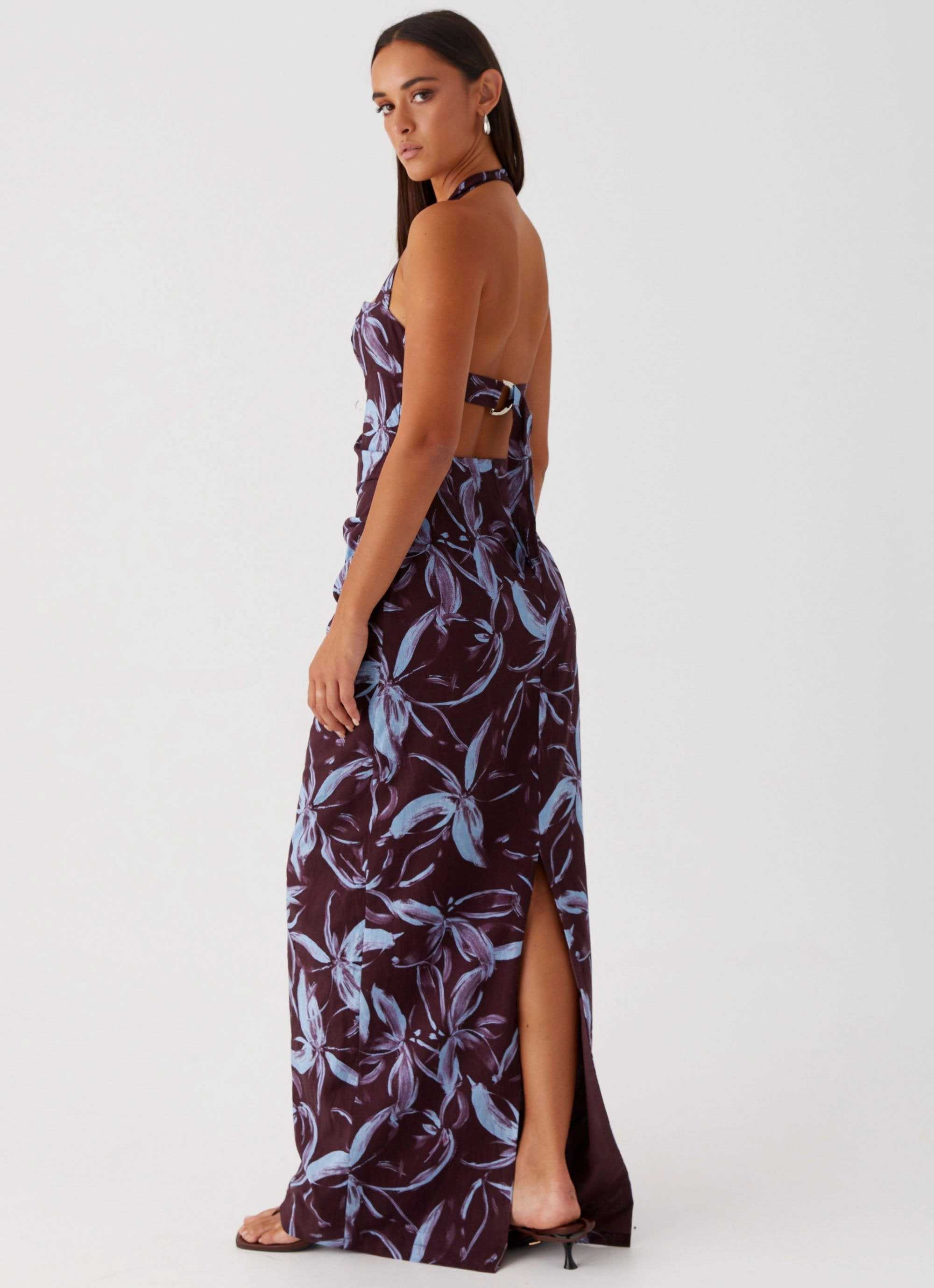 Fauna Halter Maxi Dress - Brown Purple Floral Work Mood