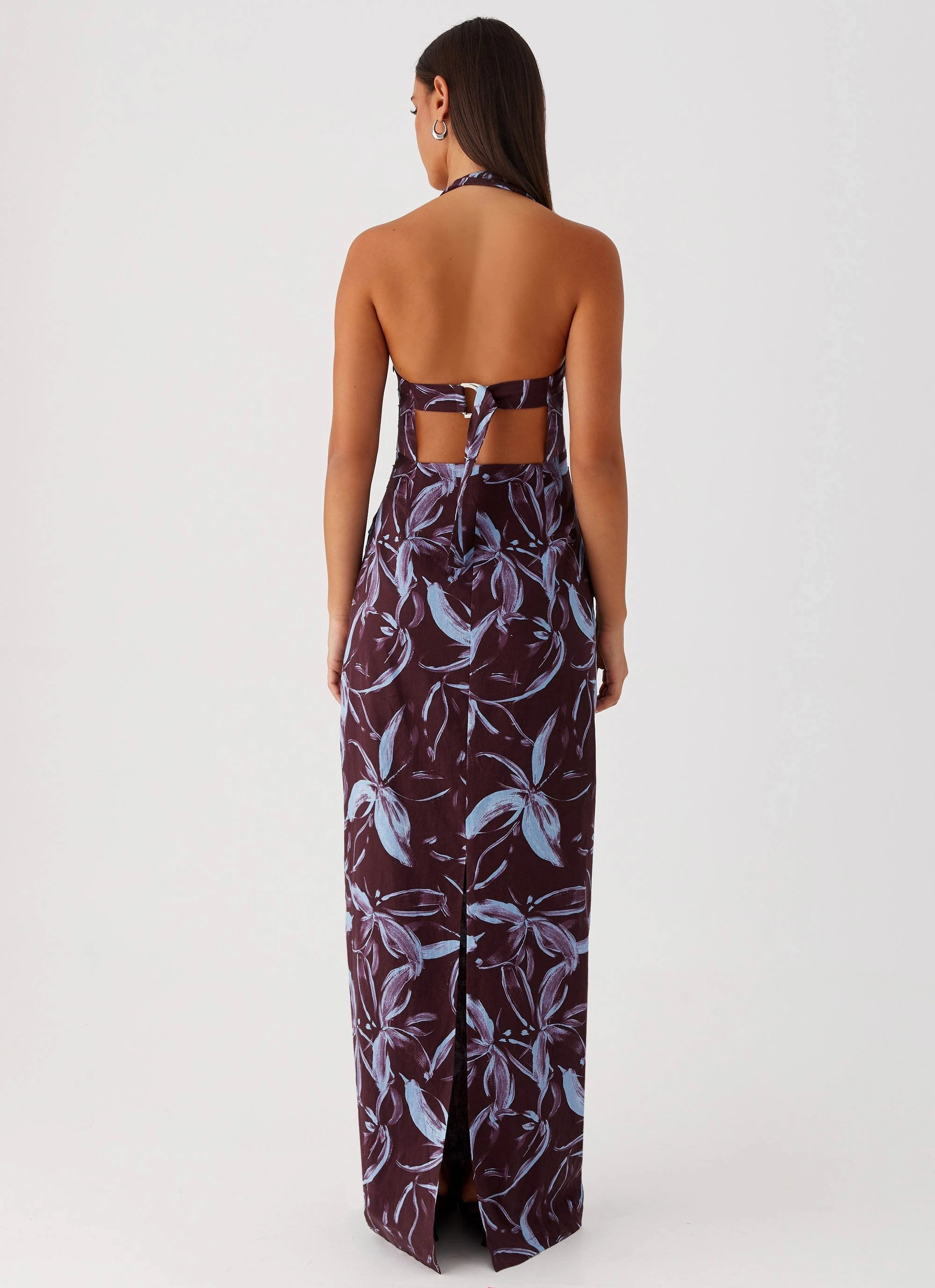 Jewel Accent Fauna Halter Maxi Dress - Brown Purple Floral