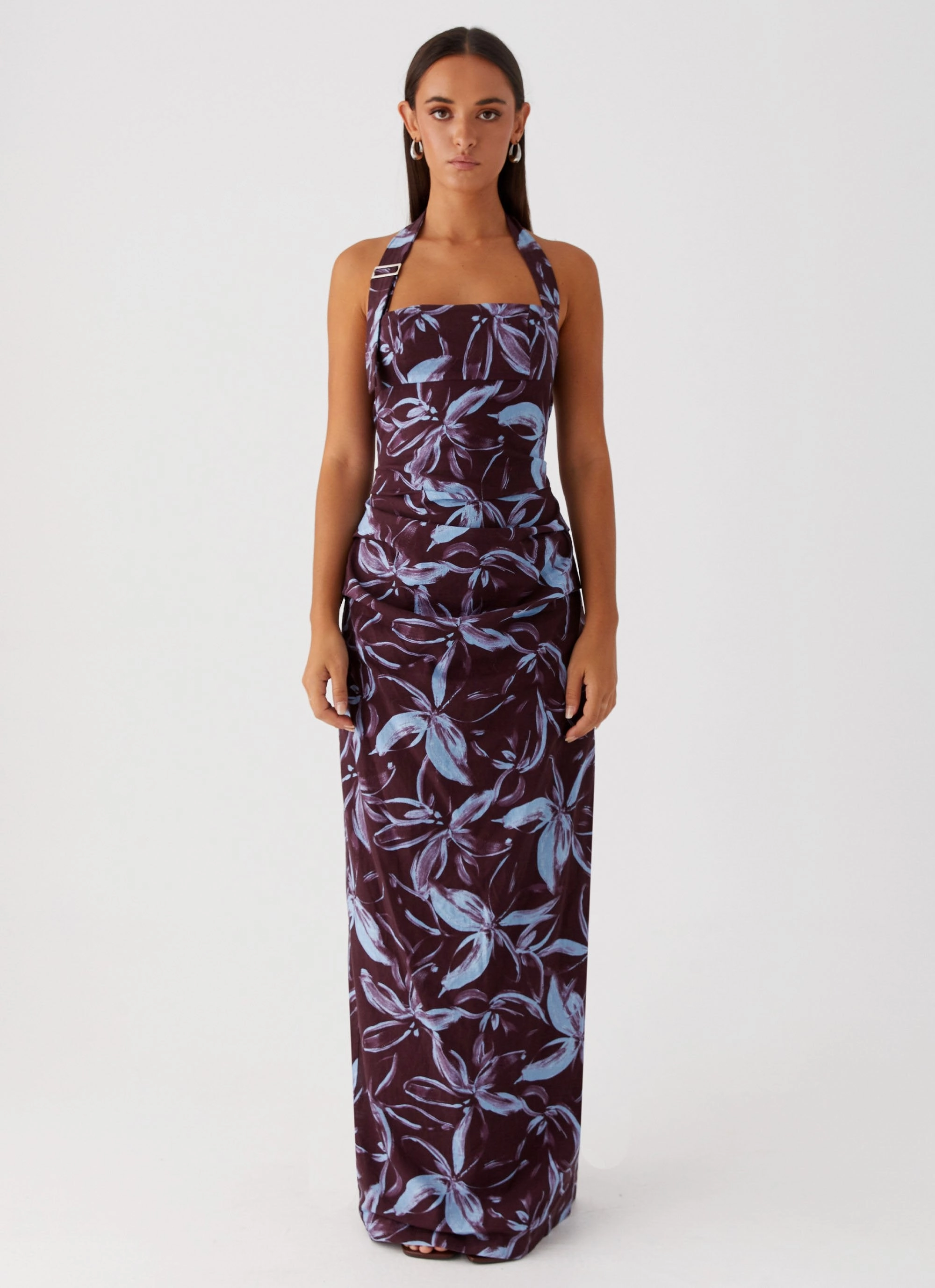 Fauna Halter Maxi Dress - Brown Purple Floral Elegant Line Tailored Piece