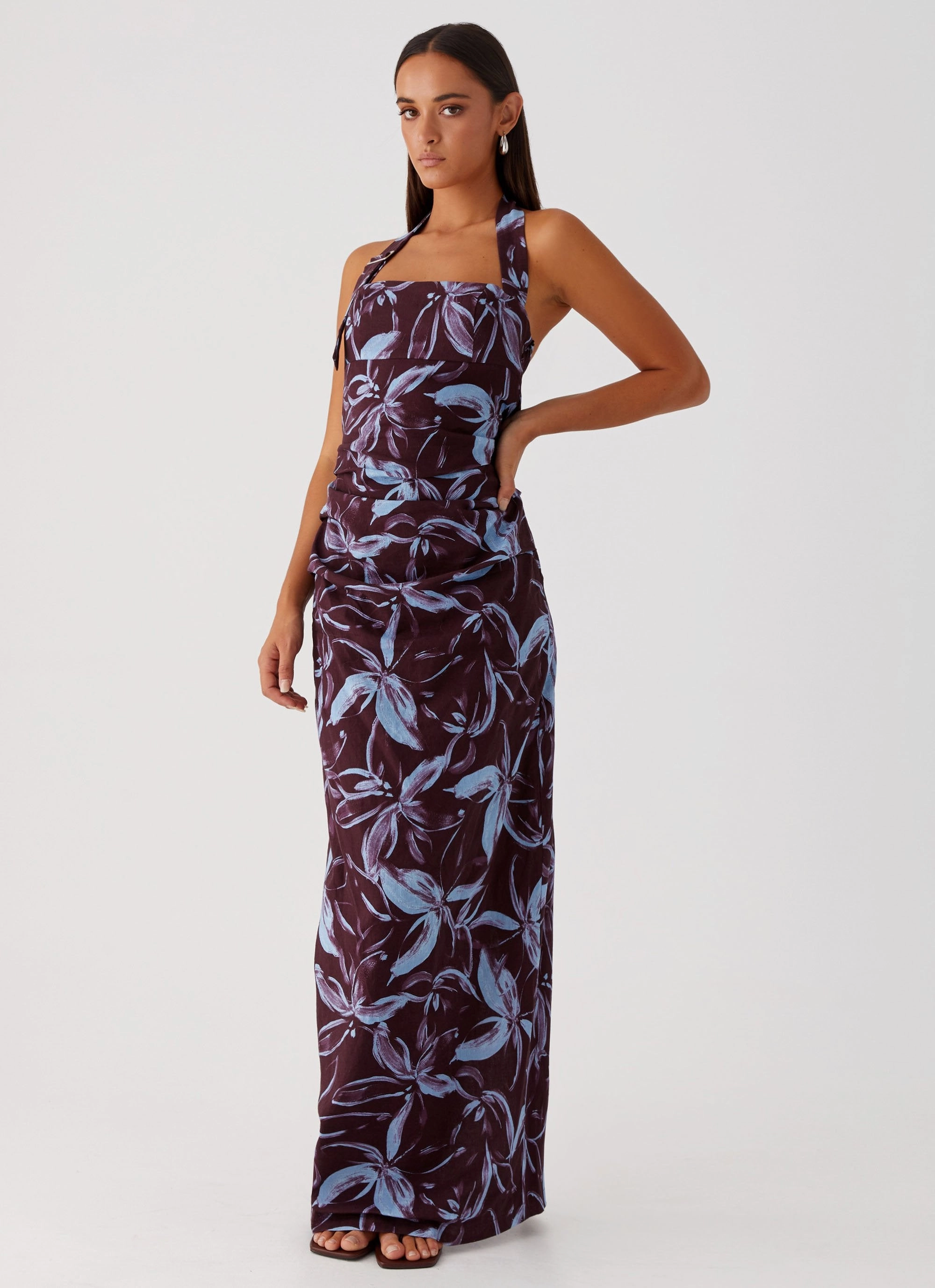 Fauna Halter Maxi Dress - Brown Purple Floral breathable fabric dress Work Vibe