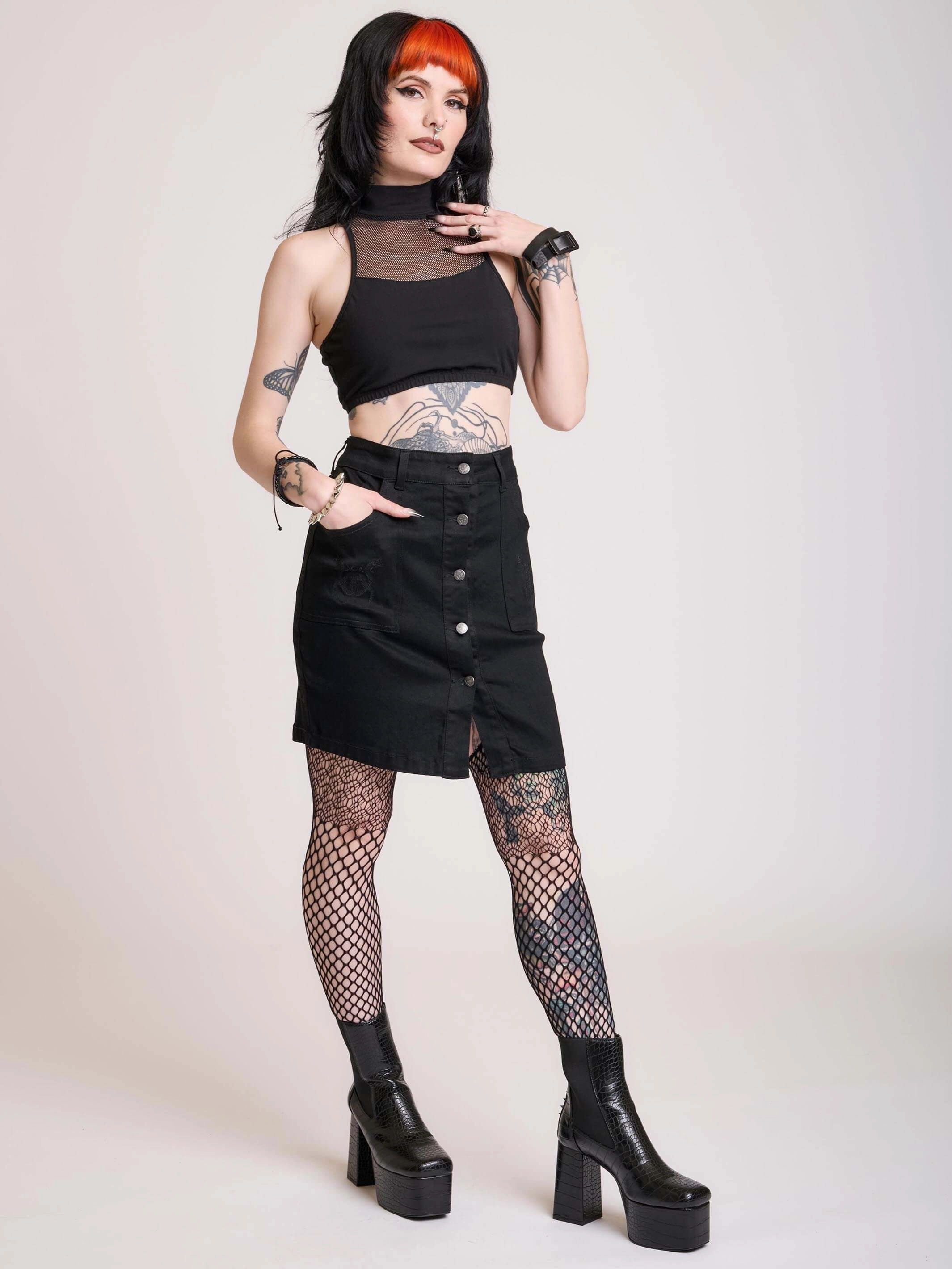 Snake Embroidered Denim Skirt Cultural Event Gentle Vibe