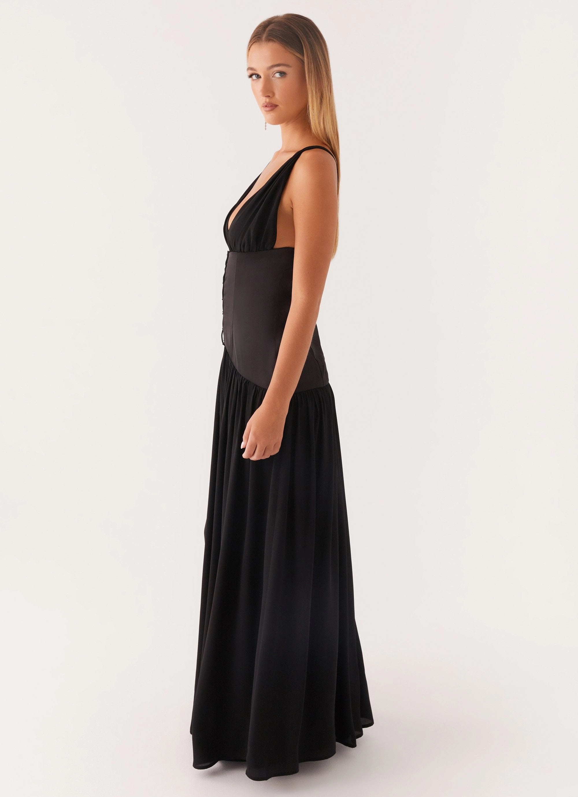 Dafina Satin Maxi Dress - Black Flared shape