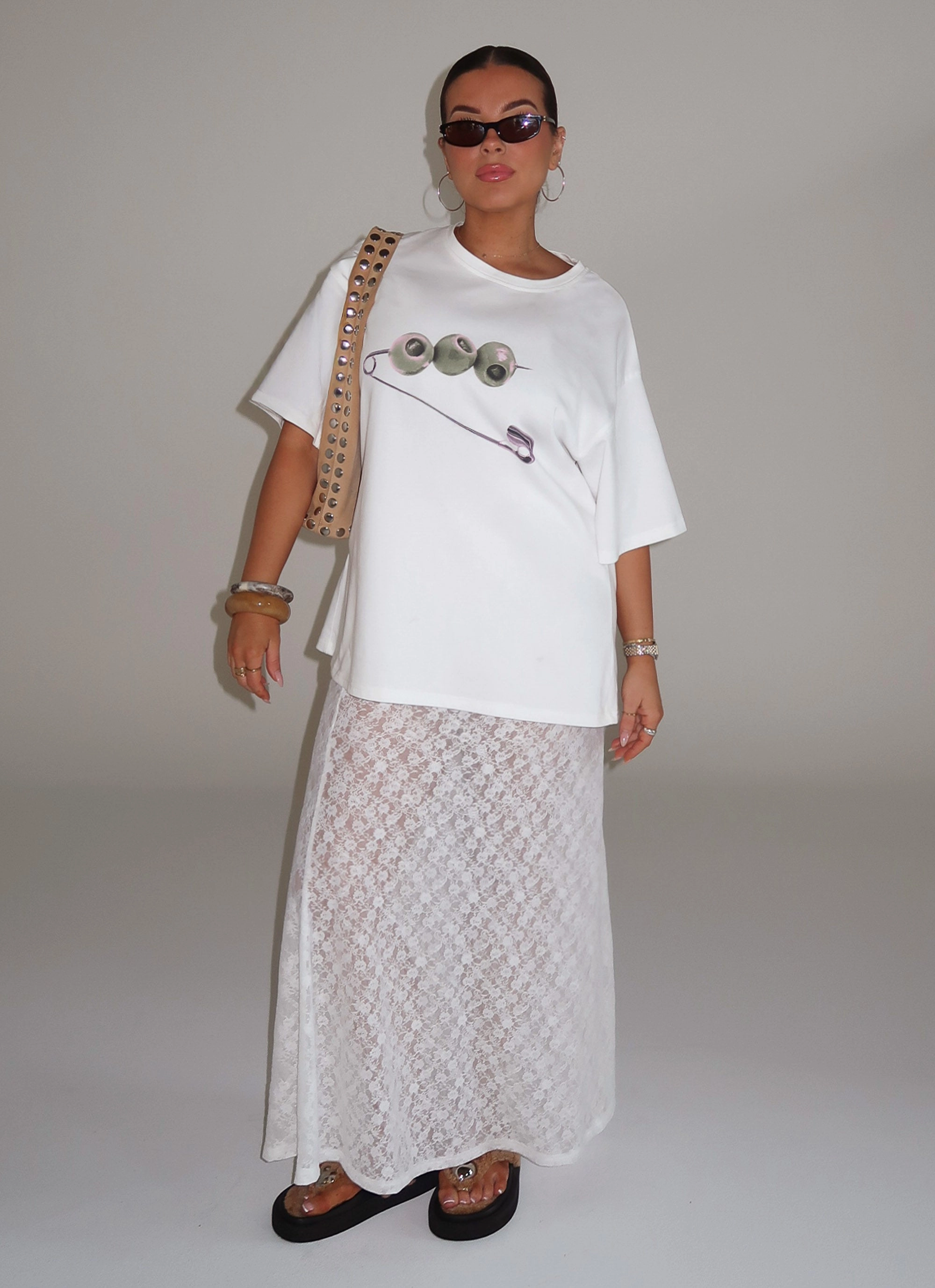 Jaz Lace Maxi Skirt - White Mid Rise Contrast Panel