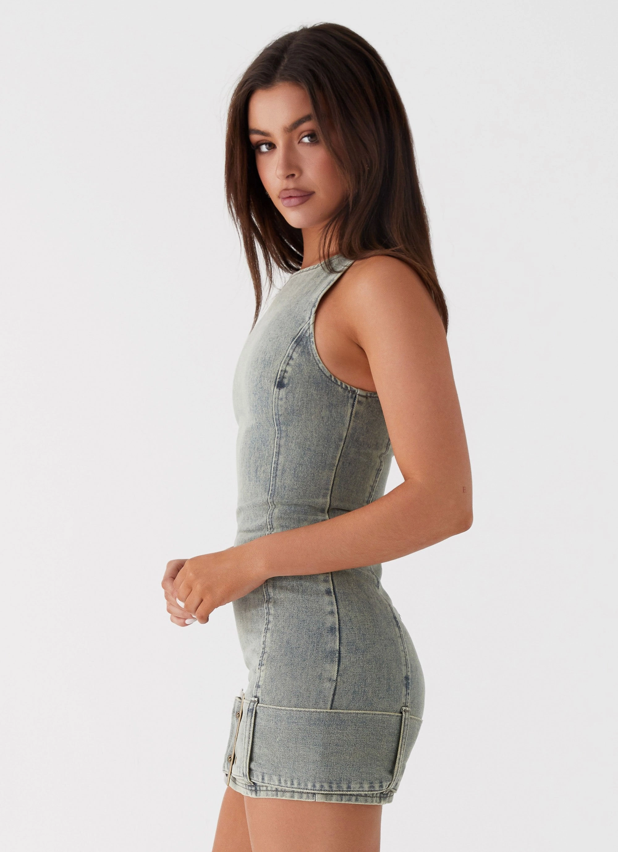 Dark Matter Mini Dress - Washed Denim Linen Soft Light Fall