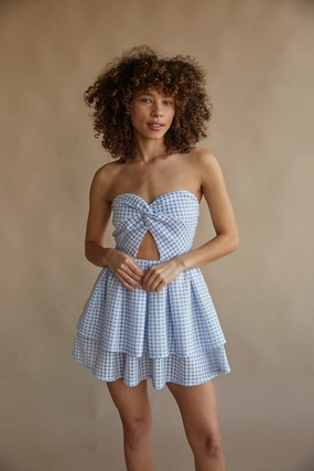 Darla Gingham Strapless Twist Front Babydoll Mini Dress Fresh Aesthetic