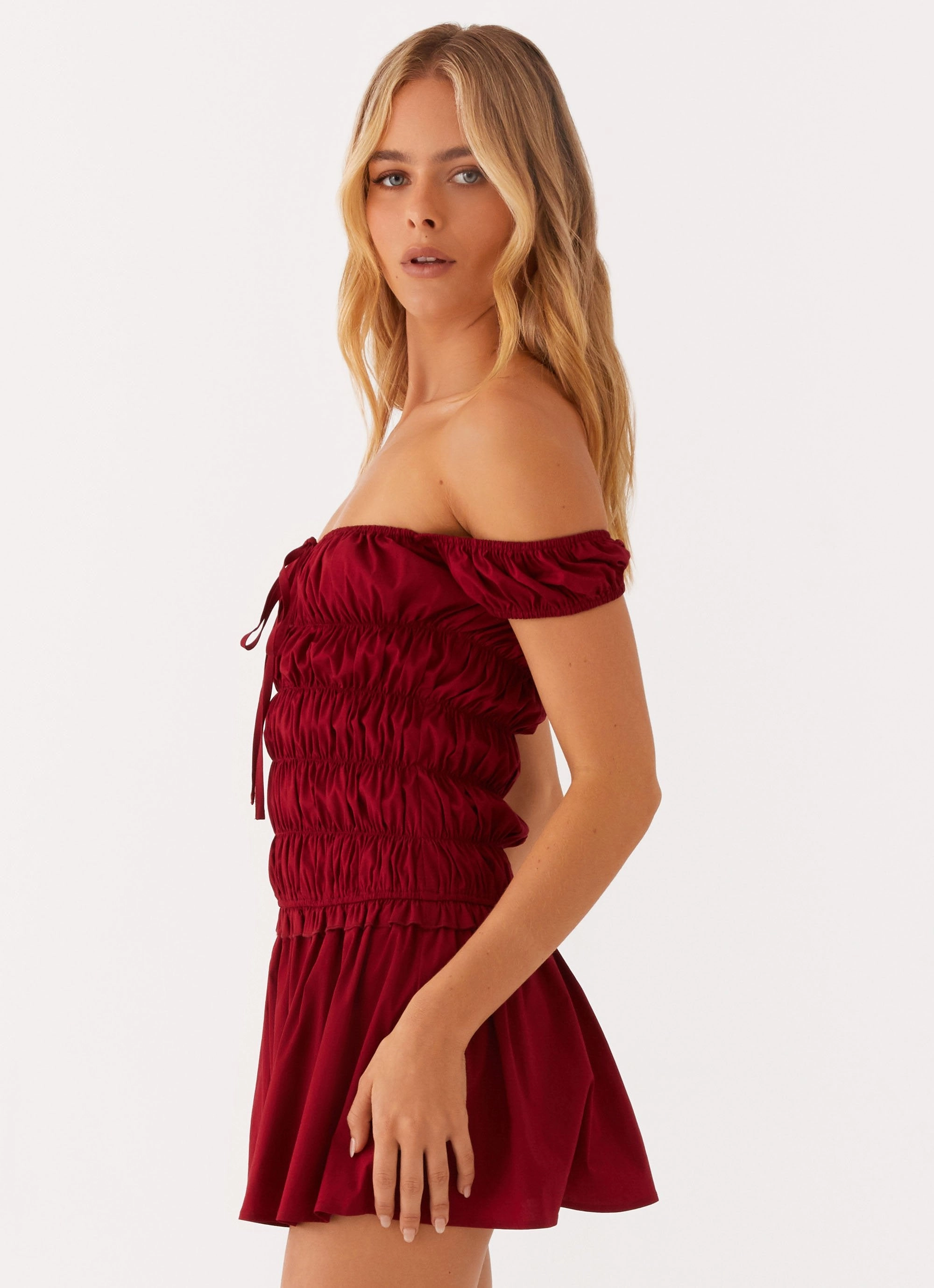 Countryside Off Shoulder Mini Dress - Deep Red Bright Petal Embroidered-Sleeve