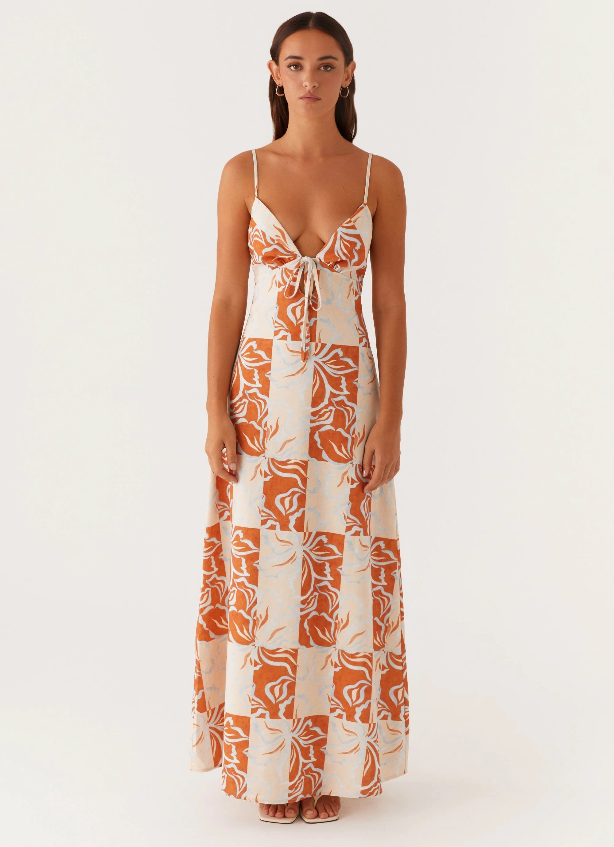 Flora Linen Maxi Dress - Orange Blue Floral Retro Mood