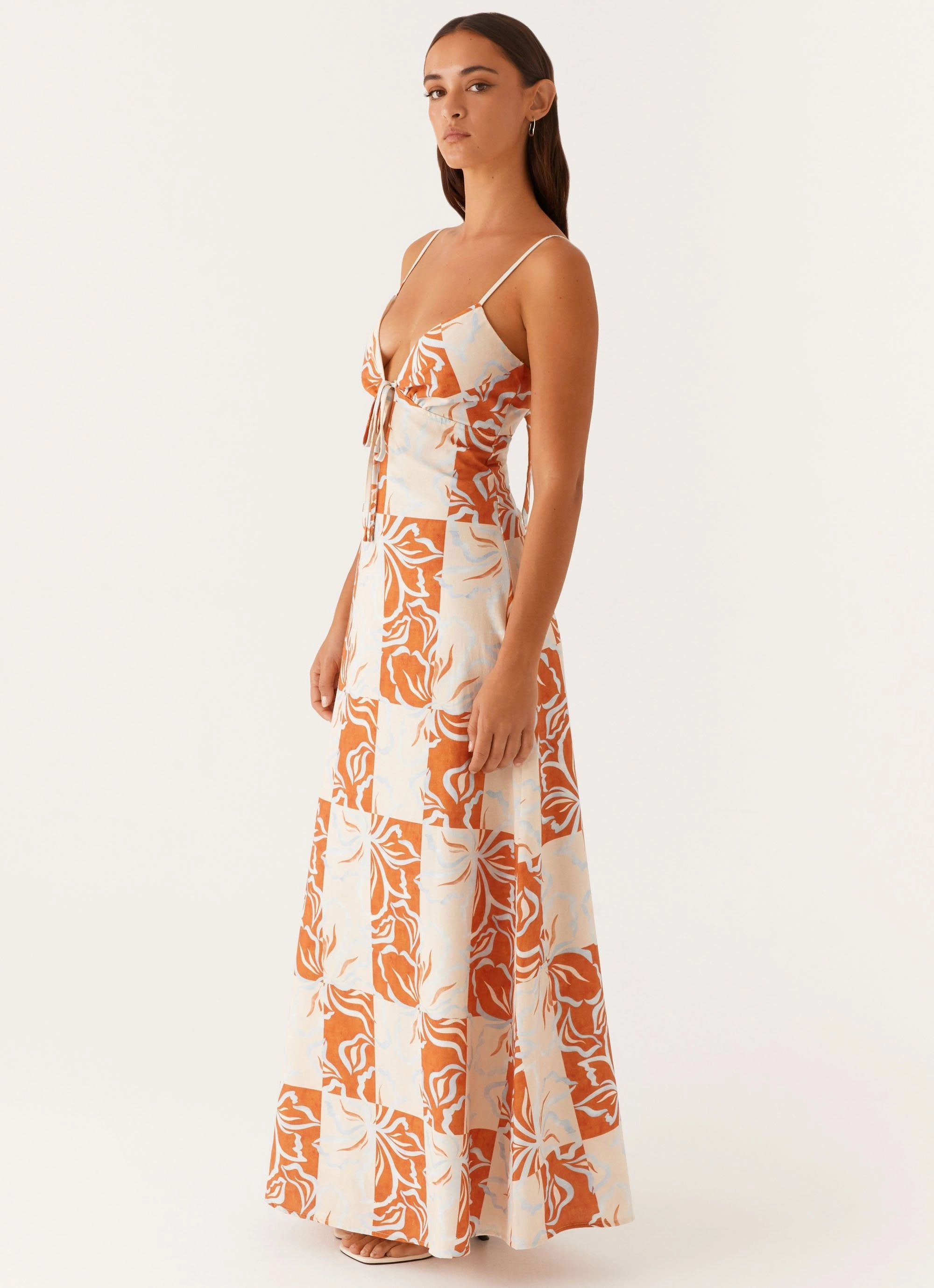 Chilly Weather Comfort Flora Linen Maxi Dress - Orange Blue Floral