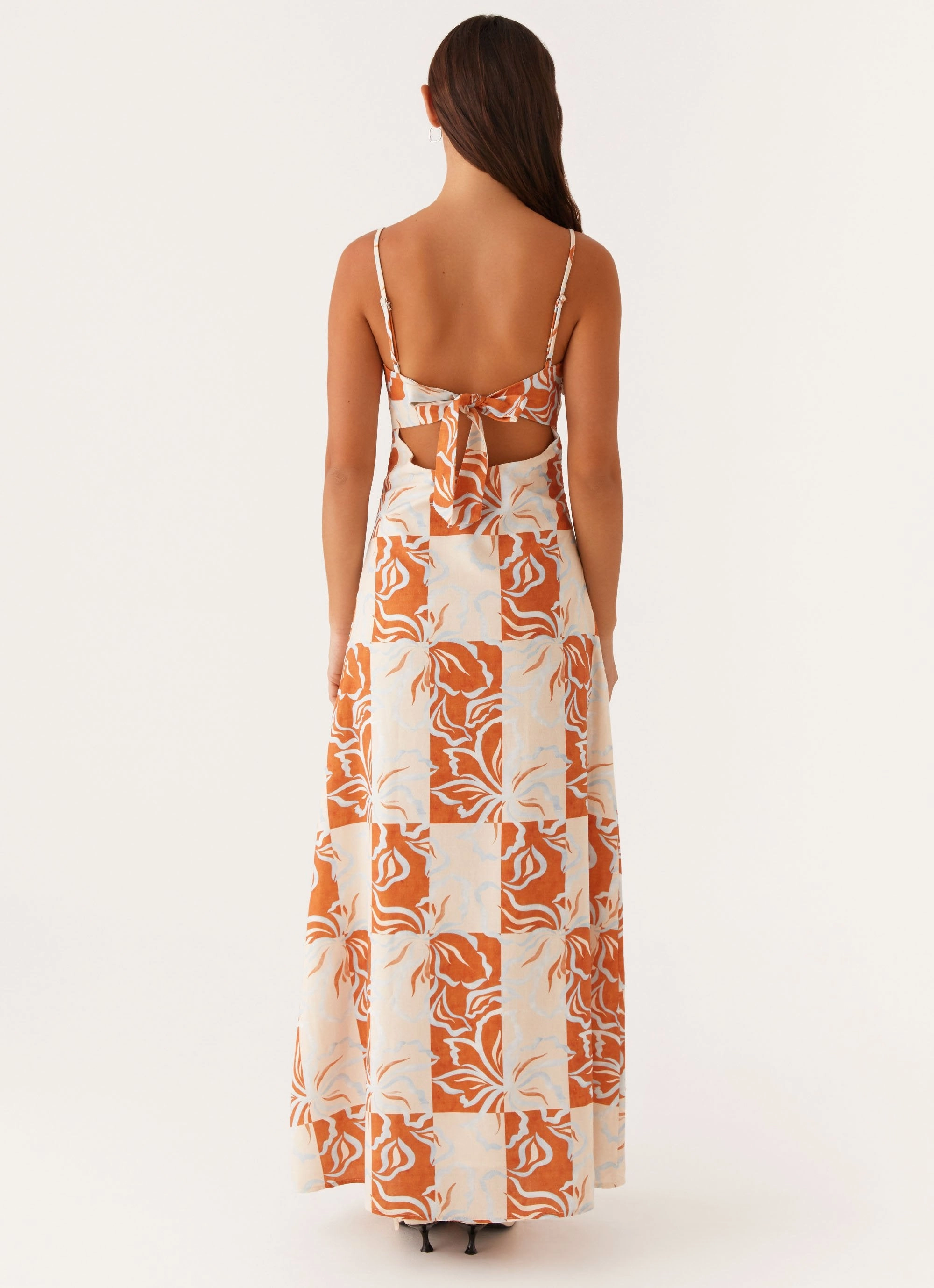 Functional-Design button detail Flora Linen Maxi Dress - Orange Blue Floral
