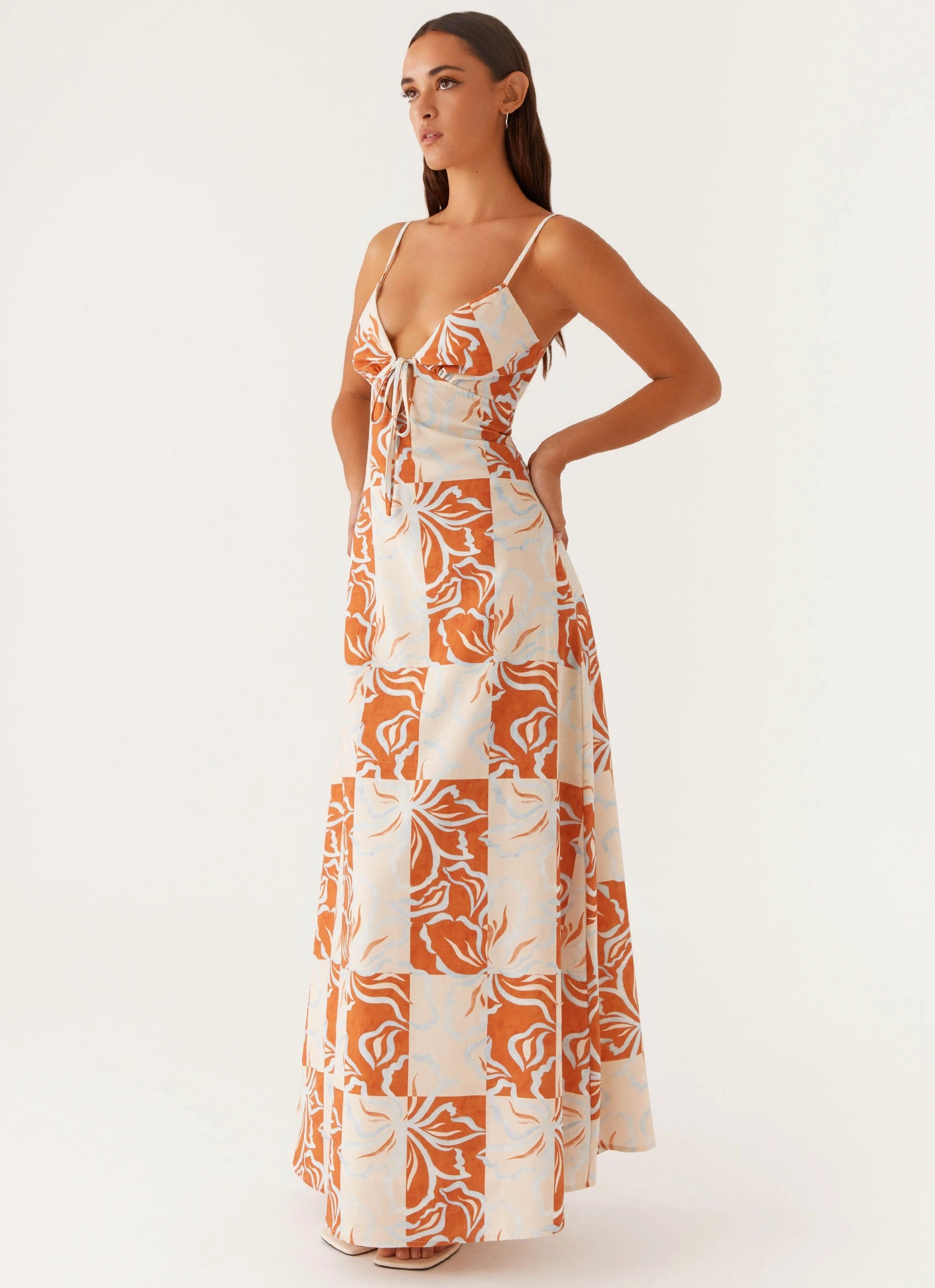 Padded-Bust Flora Linen Maxi Dress - Orange Blue Floral