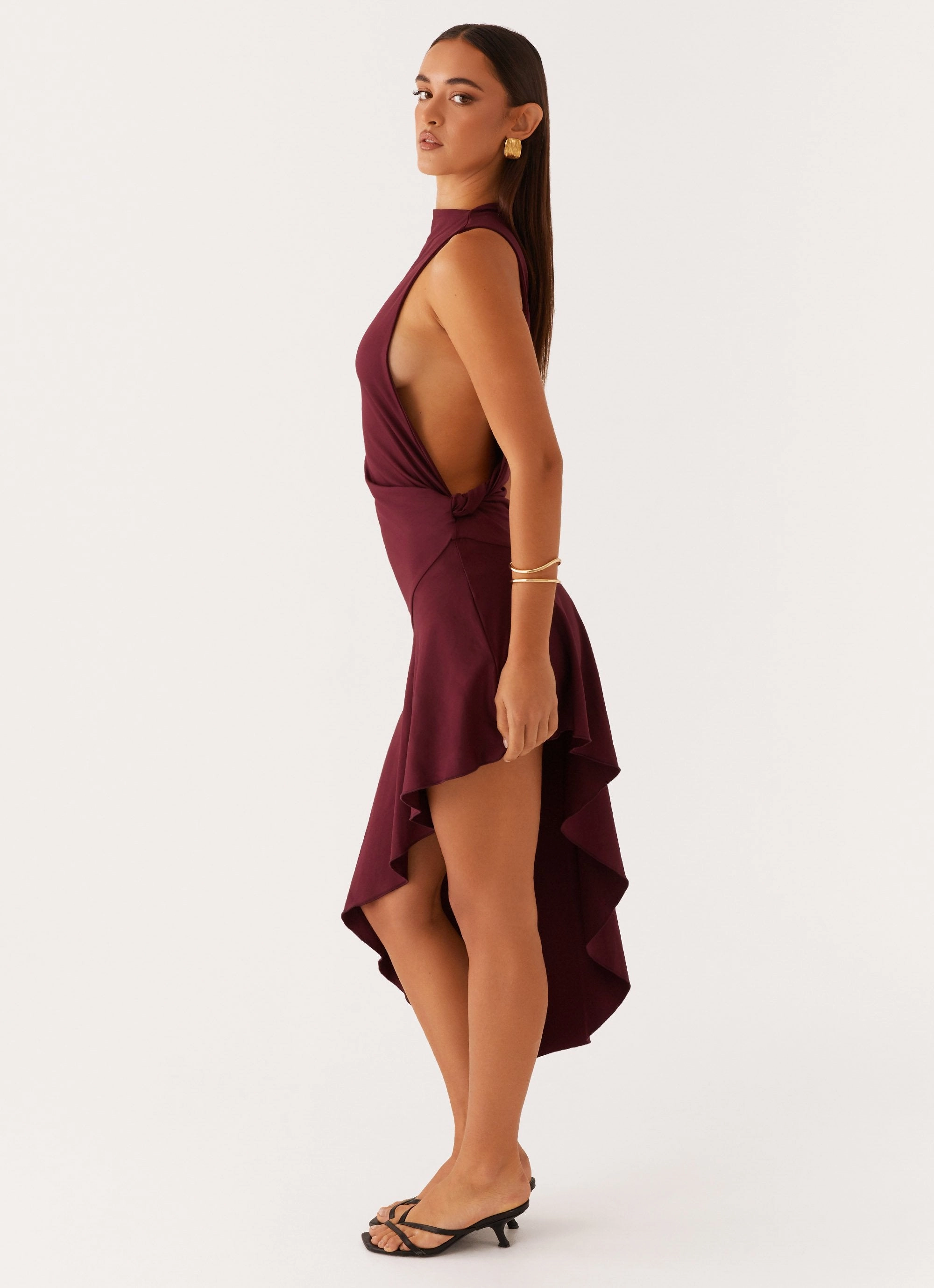 Venetia Asymmetric Maxi Dress - Deep Maroon Premium Material City Flow
