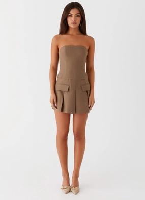 Deal-Breaker Mini Dress - Brown Beige Feminine flowing piece