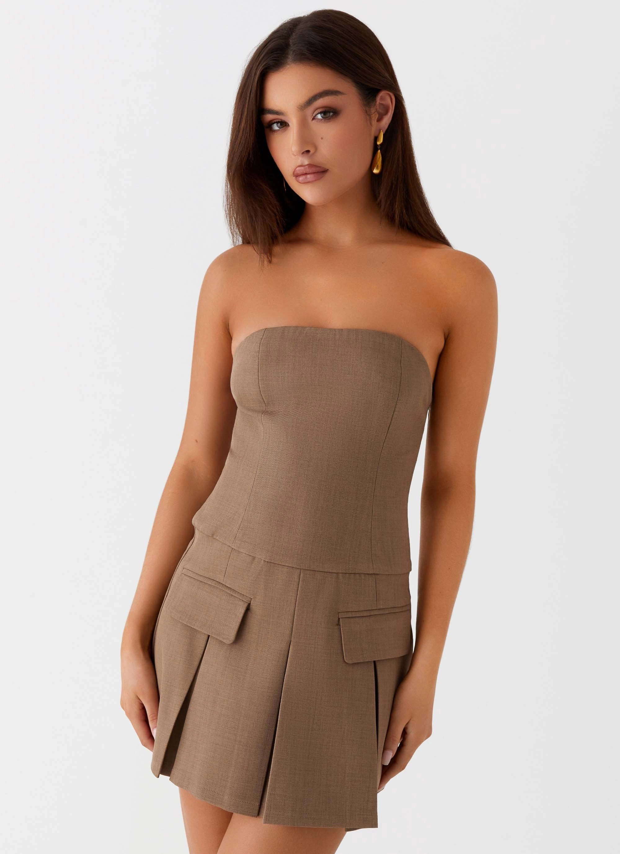 Deal-Breaker Mini Dress - Brown Beige Sweetheart-Neck Polished Form