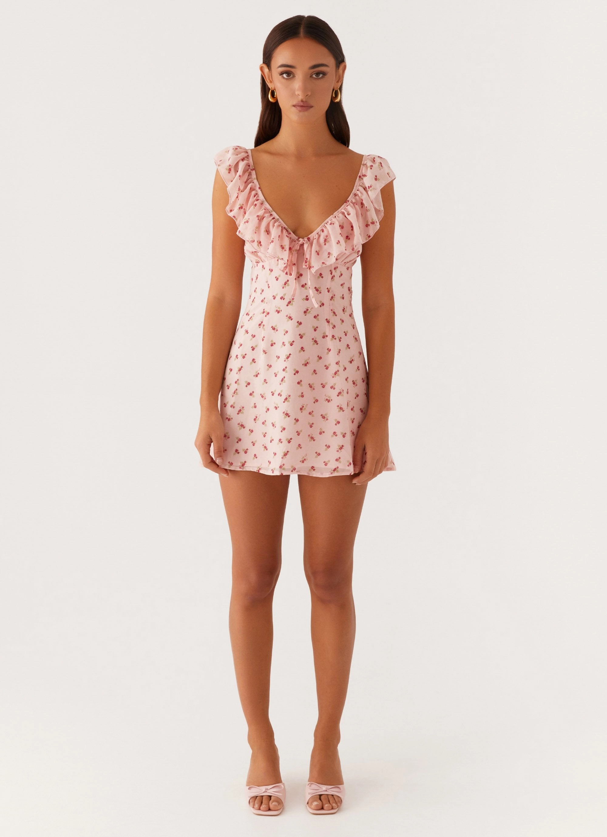 Cinched-Waist Adrina Ruffle Mini Dress - Pink Flower