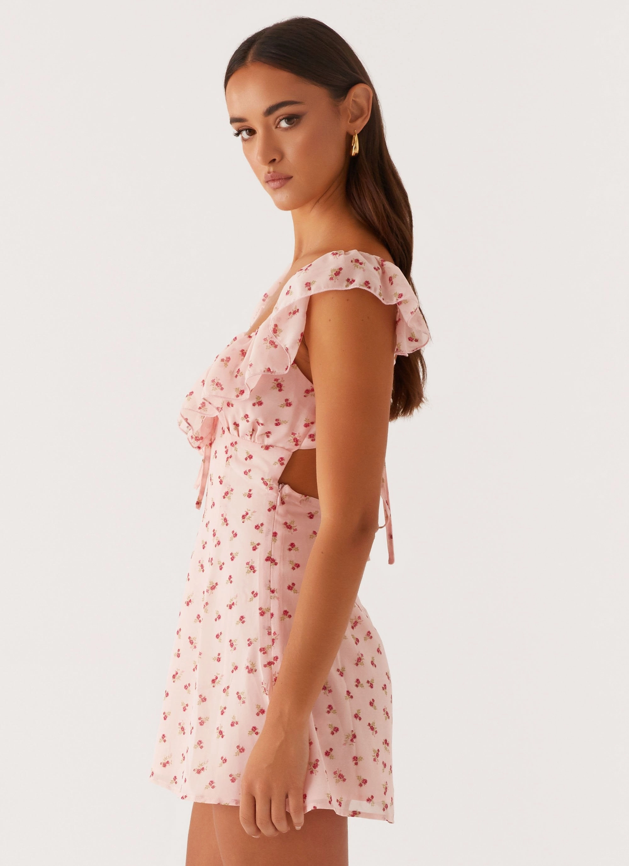 Adrina Ruffle Mini Dress - Pink Flower Comfortable Waist Design Fit