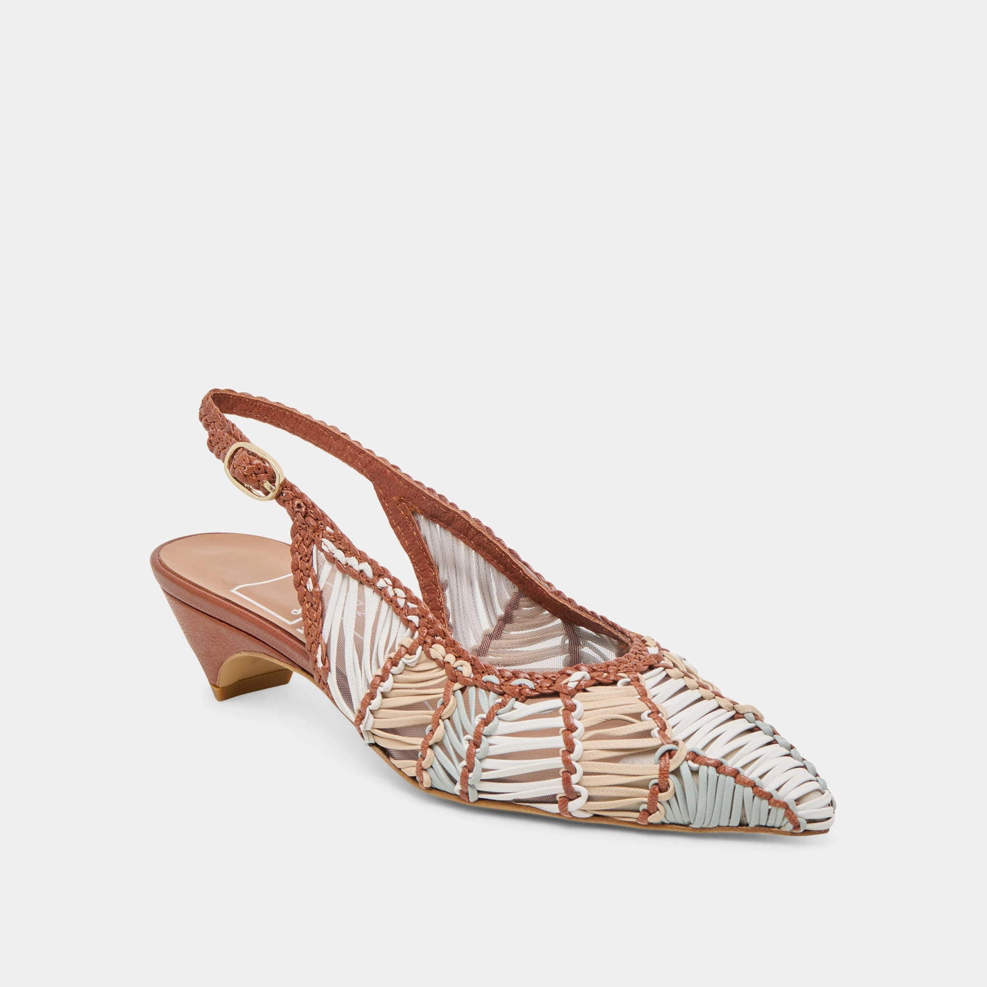 Open Toe Style Retro Glow DAFNEY HEELS TAN MULTI WOVEN LEATHER