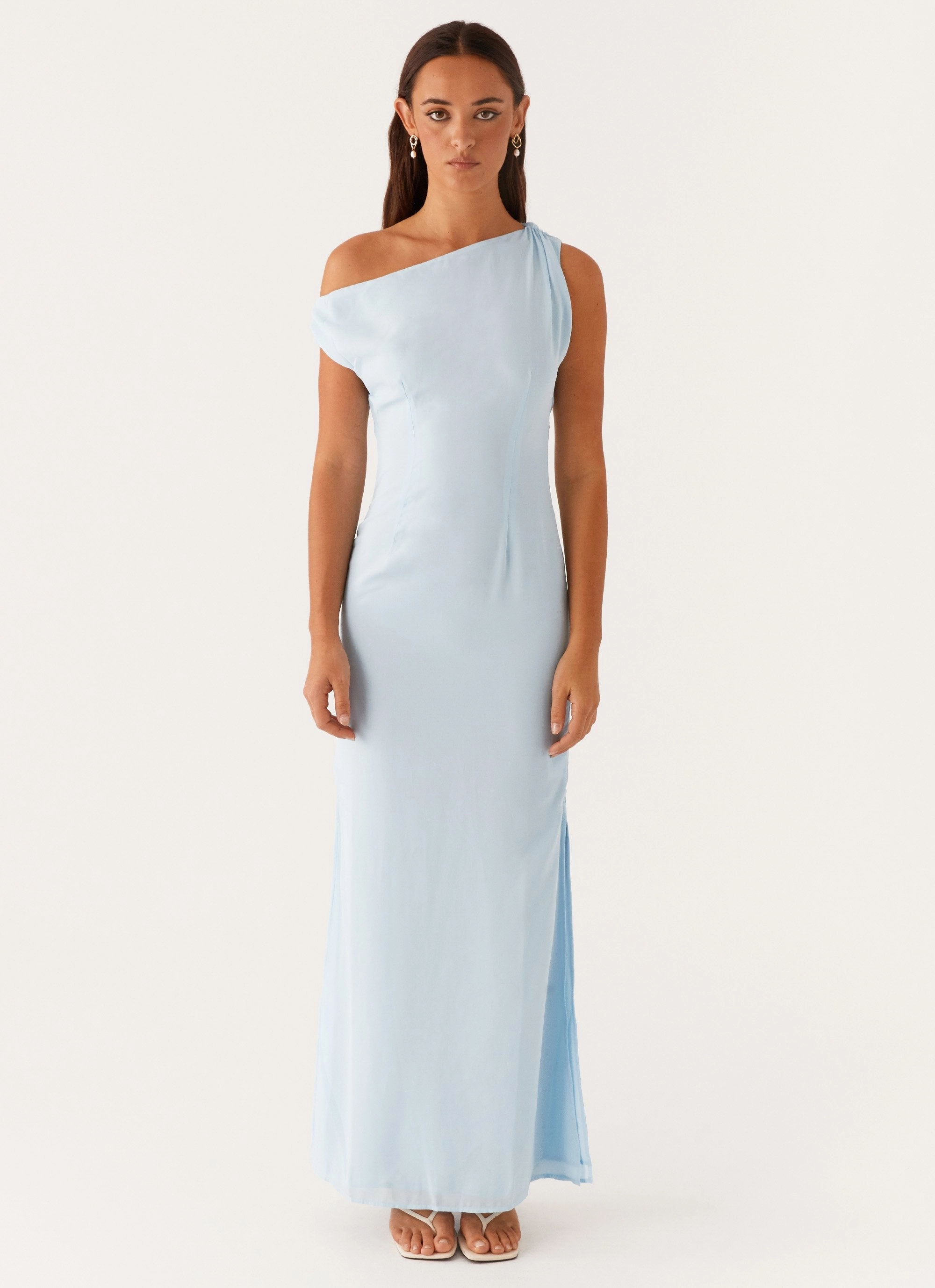 Slim Form Linen Vibe Dinner Date Maxi Dress - Blue