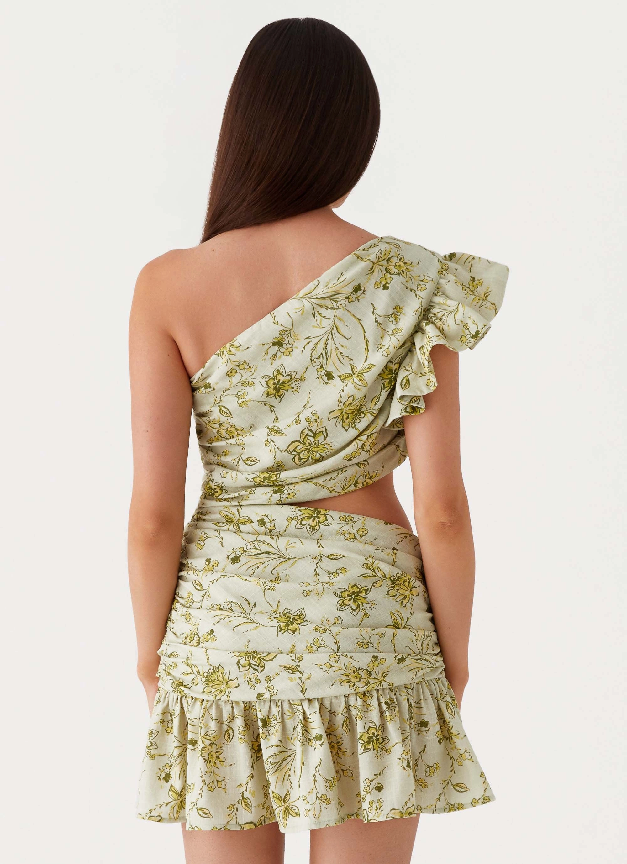 Maisie Linen Mini Dress - Sage Floral Flattering Waist Fit