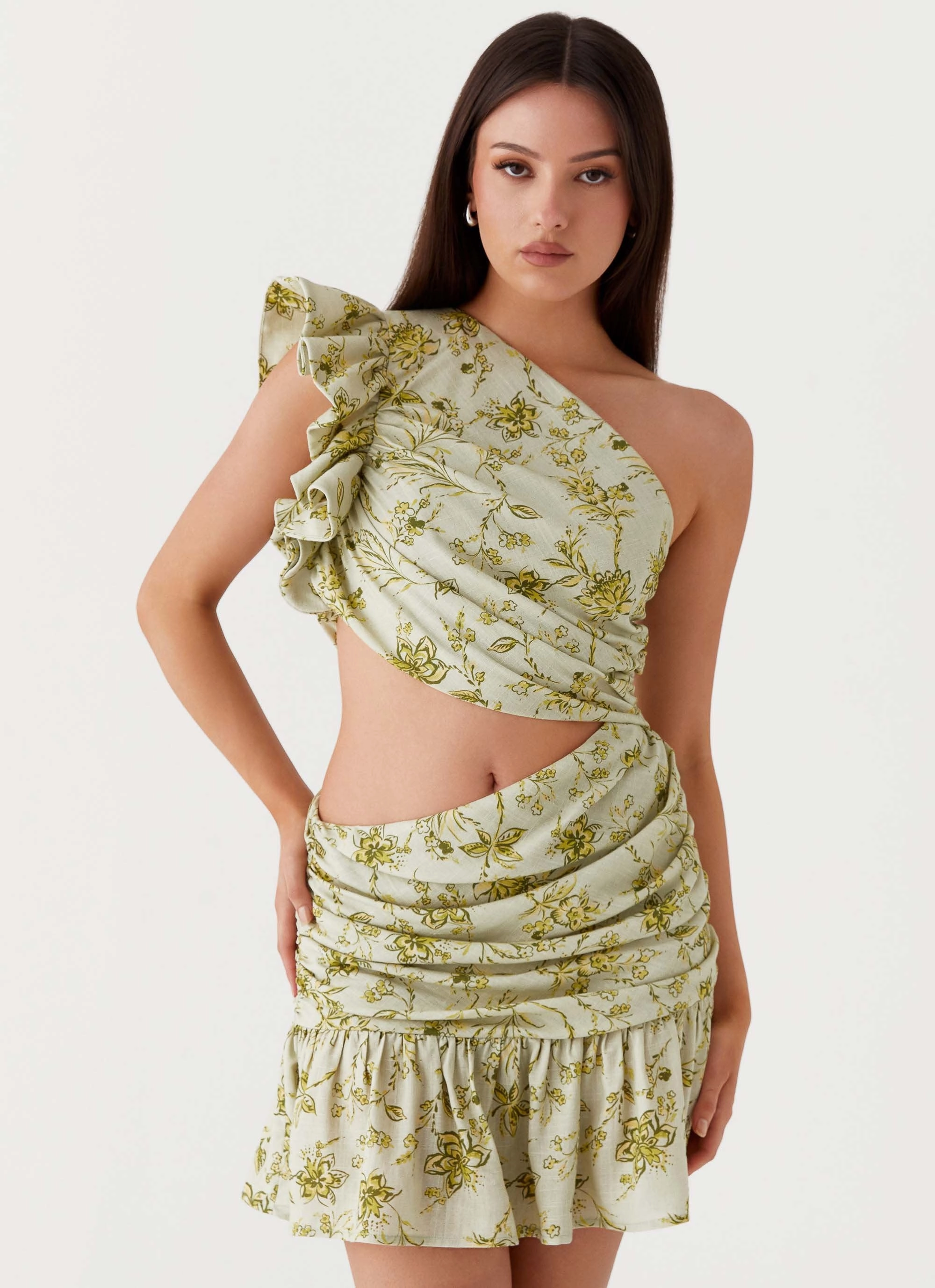 Maisie Linen Mini Dress - Sage Floral Tasteful Detail Maximalist-Trend