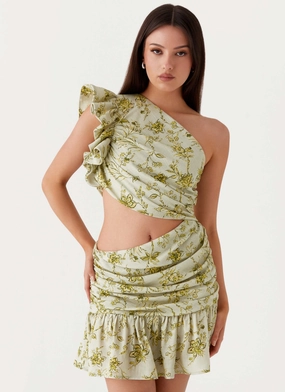 Maisie Linen Mini Dress - Sage Floral Tasteful Detail Maximalist-Trend