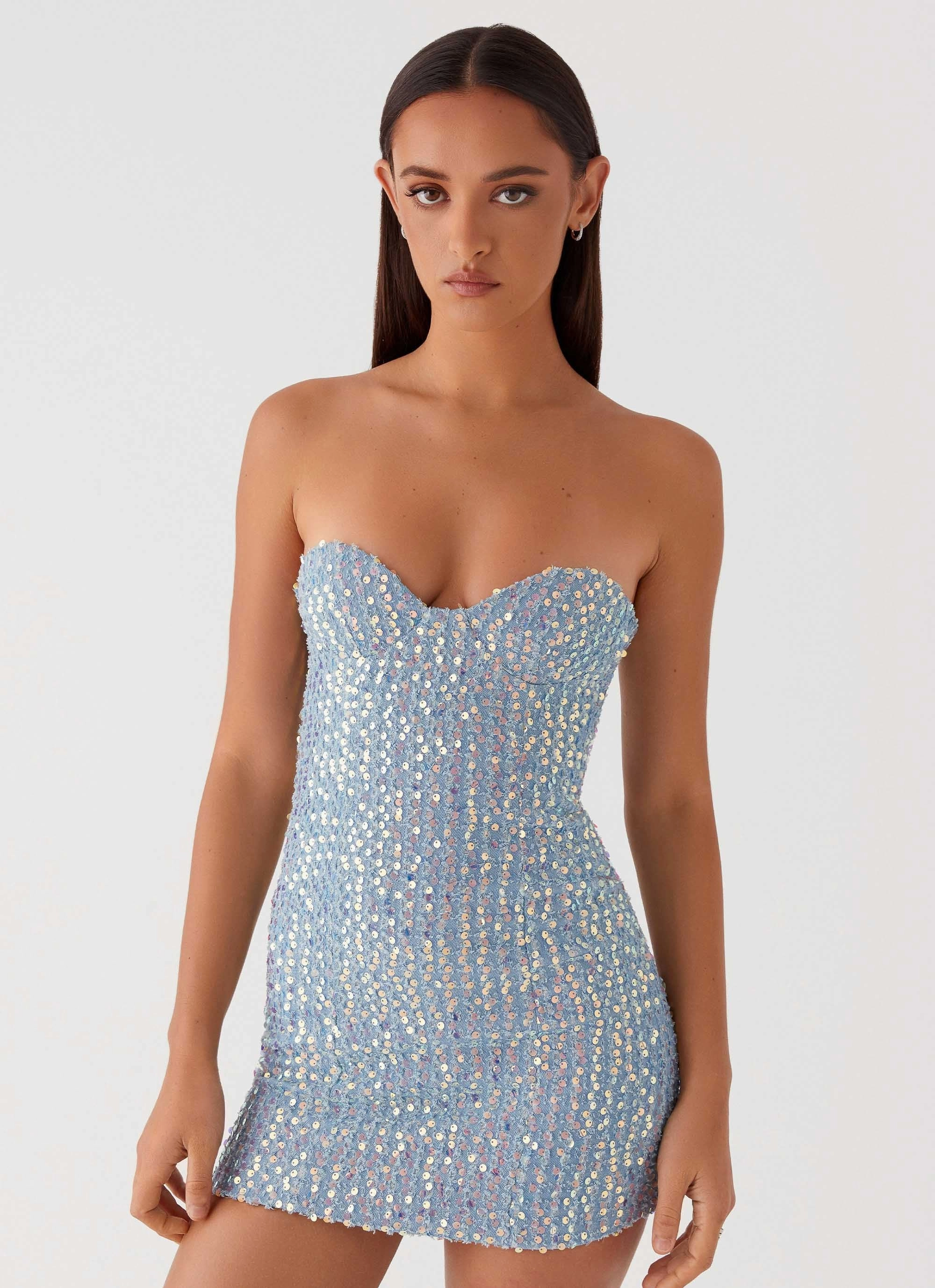 Linen Love Feminine Comfort Disturbia Sequin Mini Dress - Sequin Denim