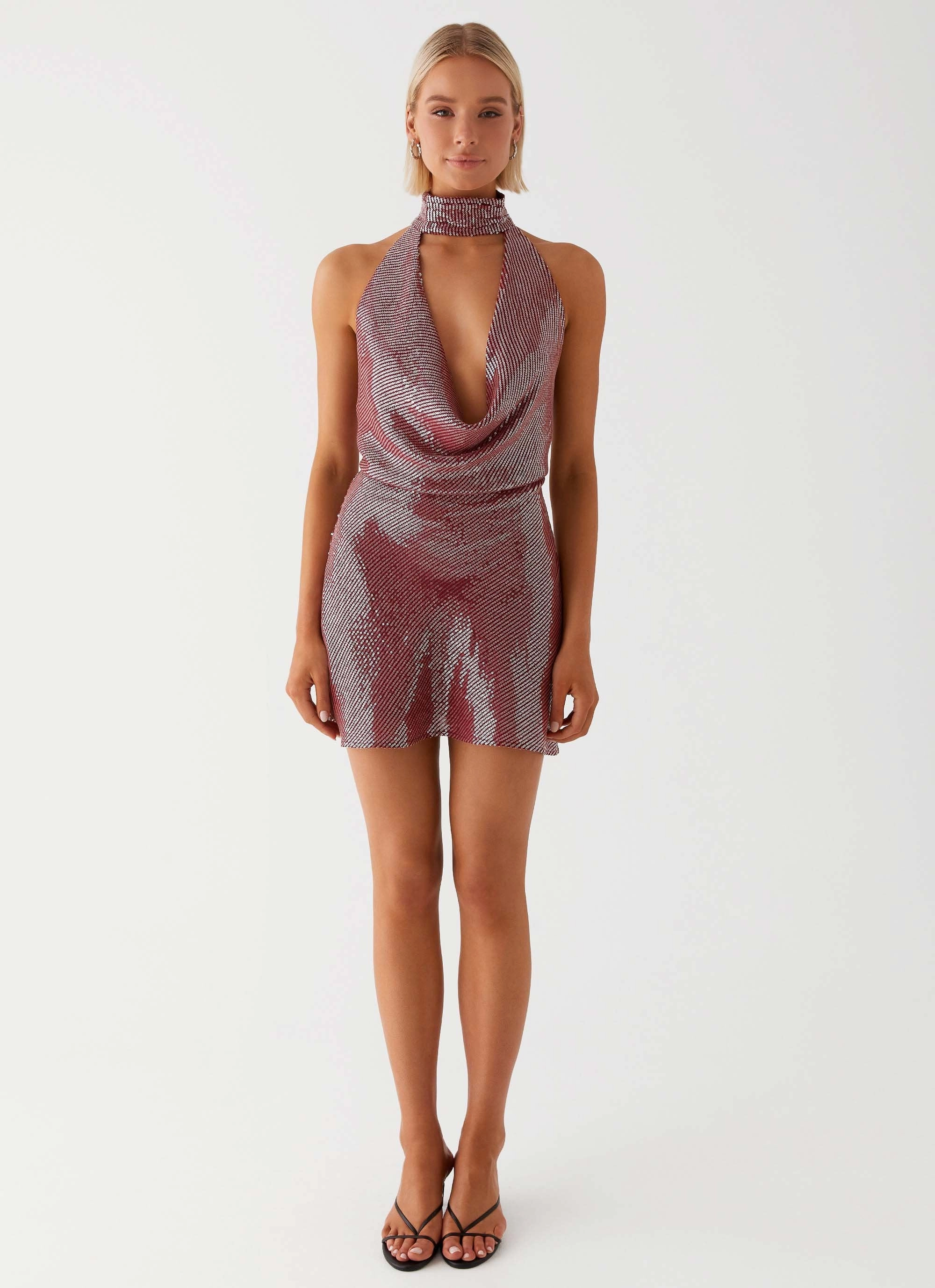 Shiny-Lining Body Fit Nora Sequin Cowl Neck Mini Dress - Red