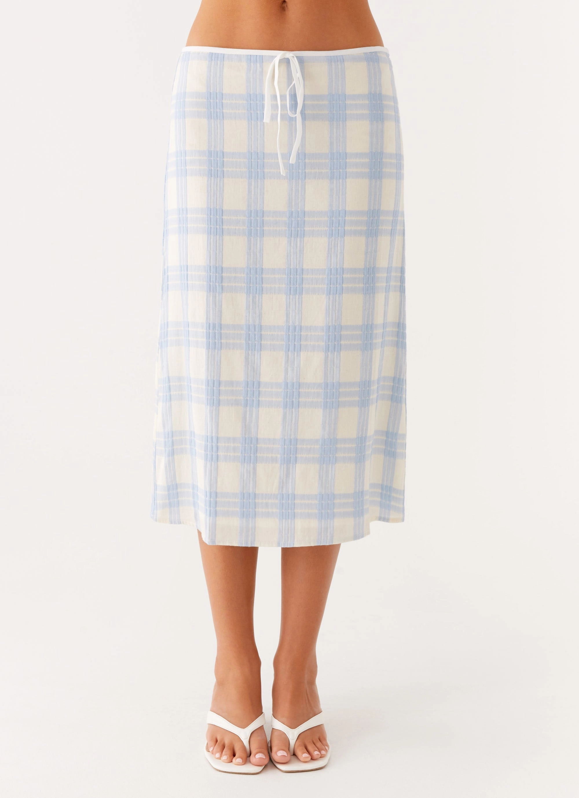 Esther Midi Skirt - Blue Check Seersucker Simple Outfit