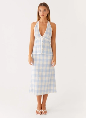 Esther Midi Skirt - Blue Check Seersucker Clean Lines Laidback Feel