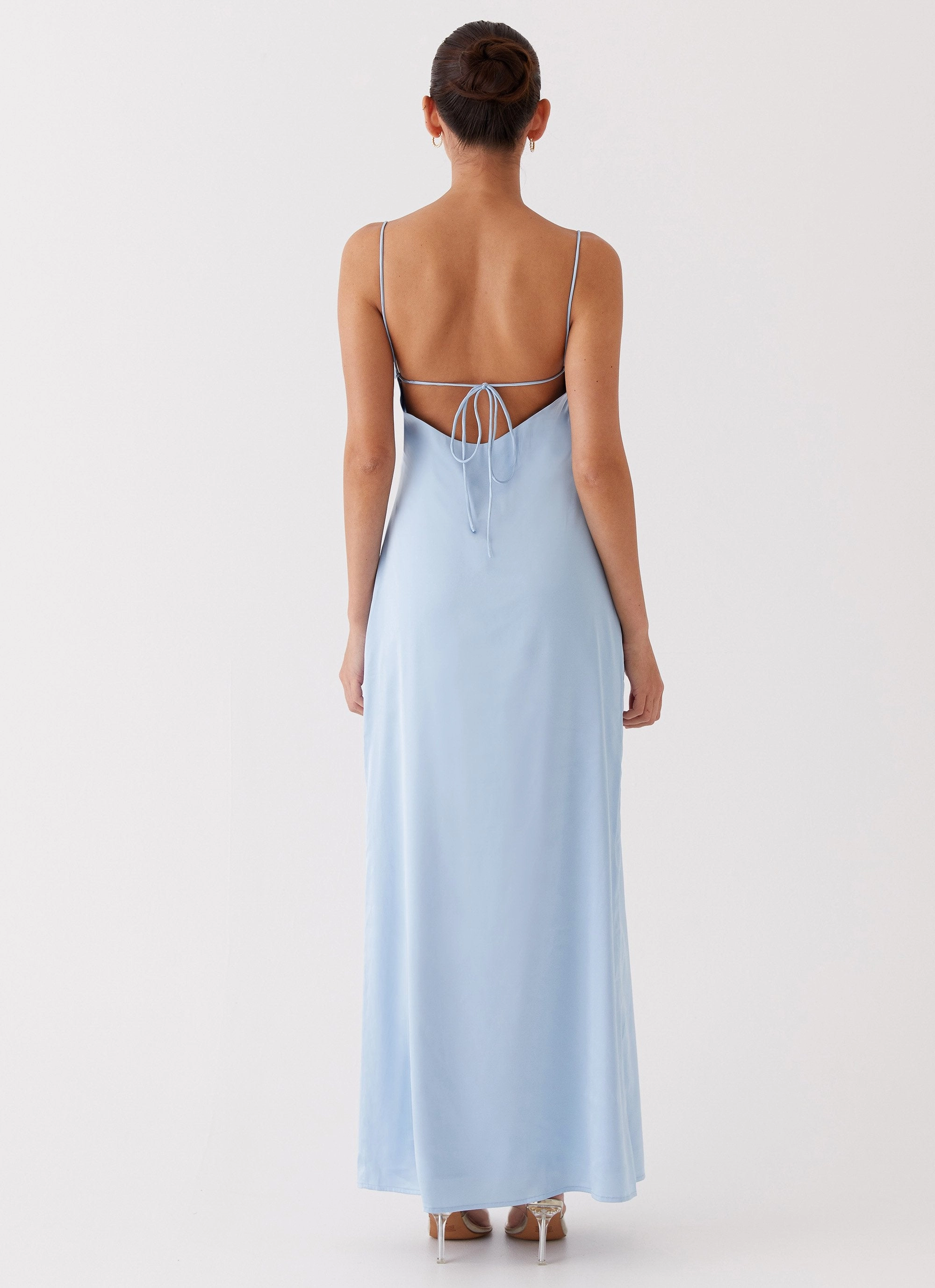 Dream Sight Lace Satin Maxi Dress - Ice Blue Minimal Cut Fold-Over-Detail
