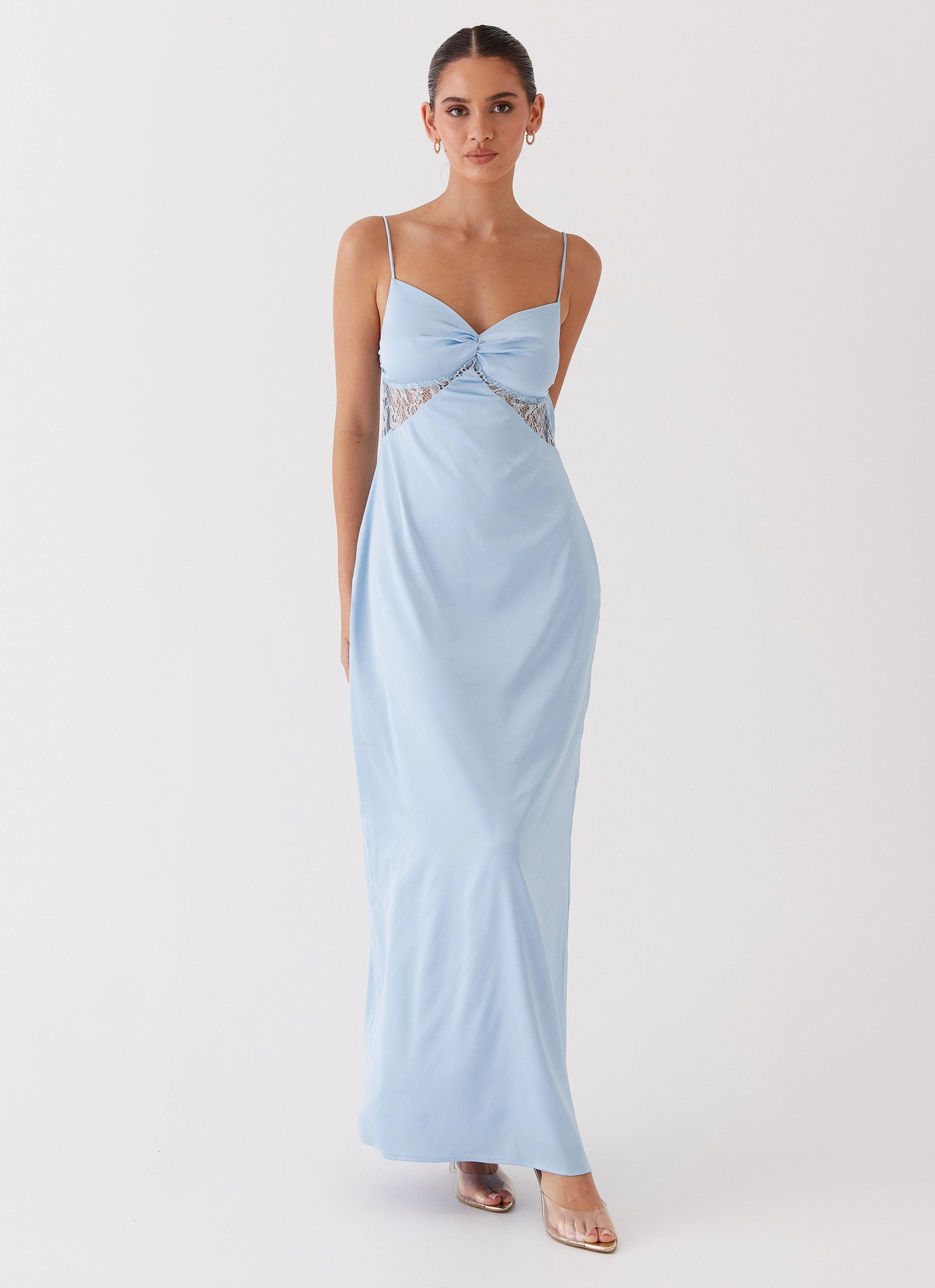 Flap-Detail Delicate Touch Dream Sight Lace Satin Maxi Dress - Ice Blue