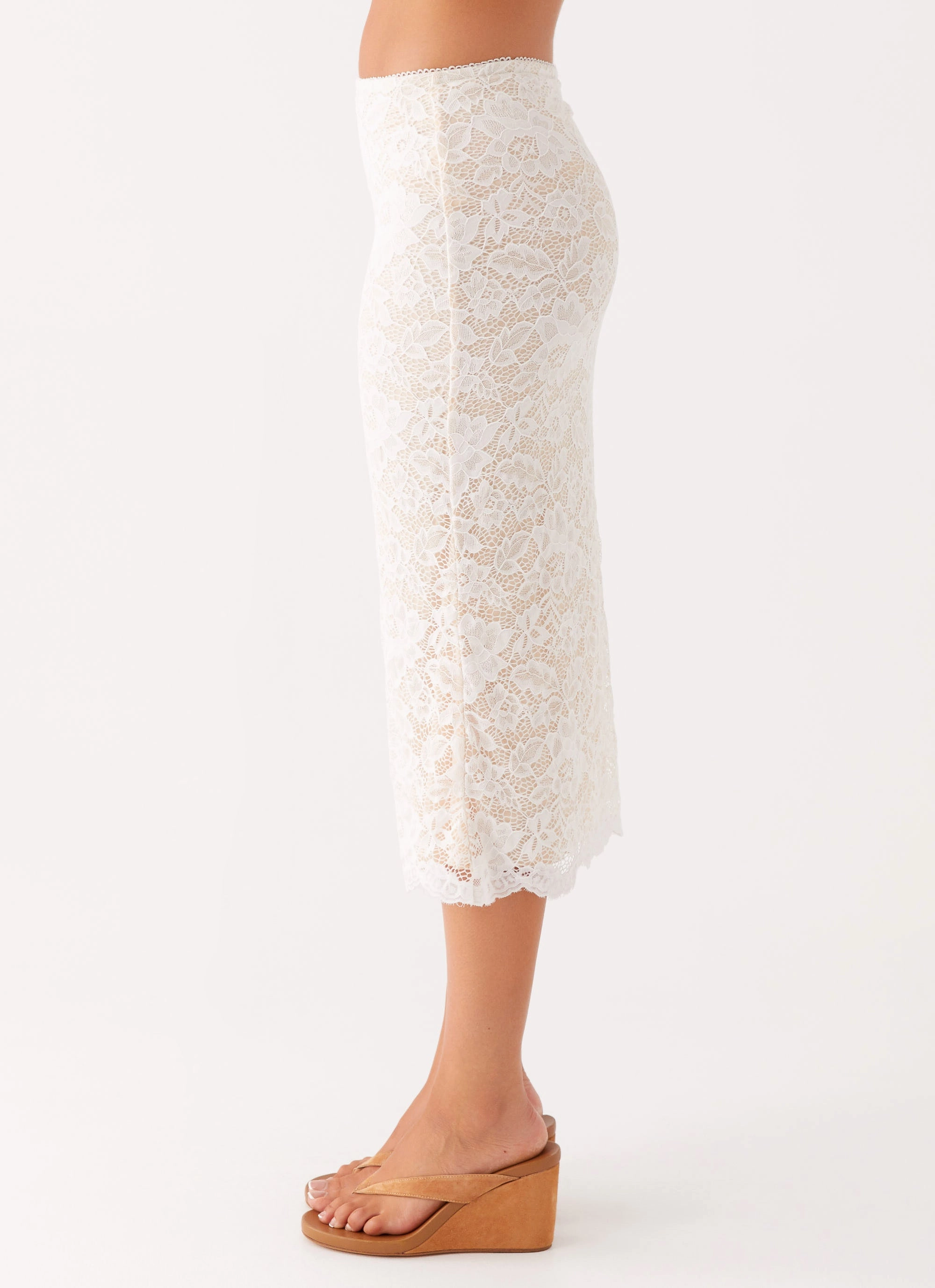 Seamless Edging Crystal Clear Lace Midi Skirt - Ivory