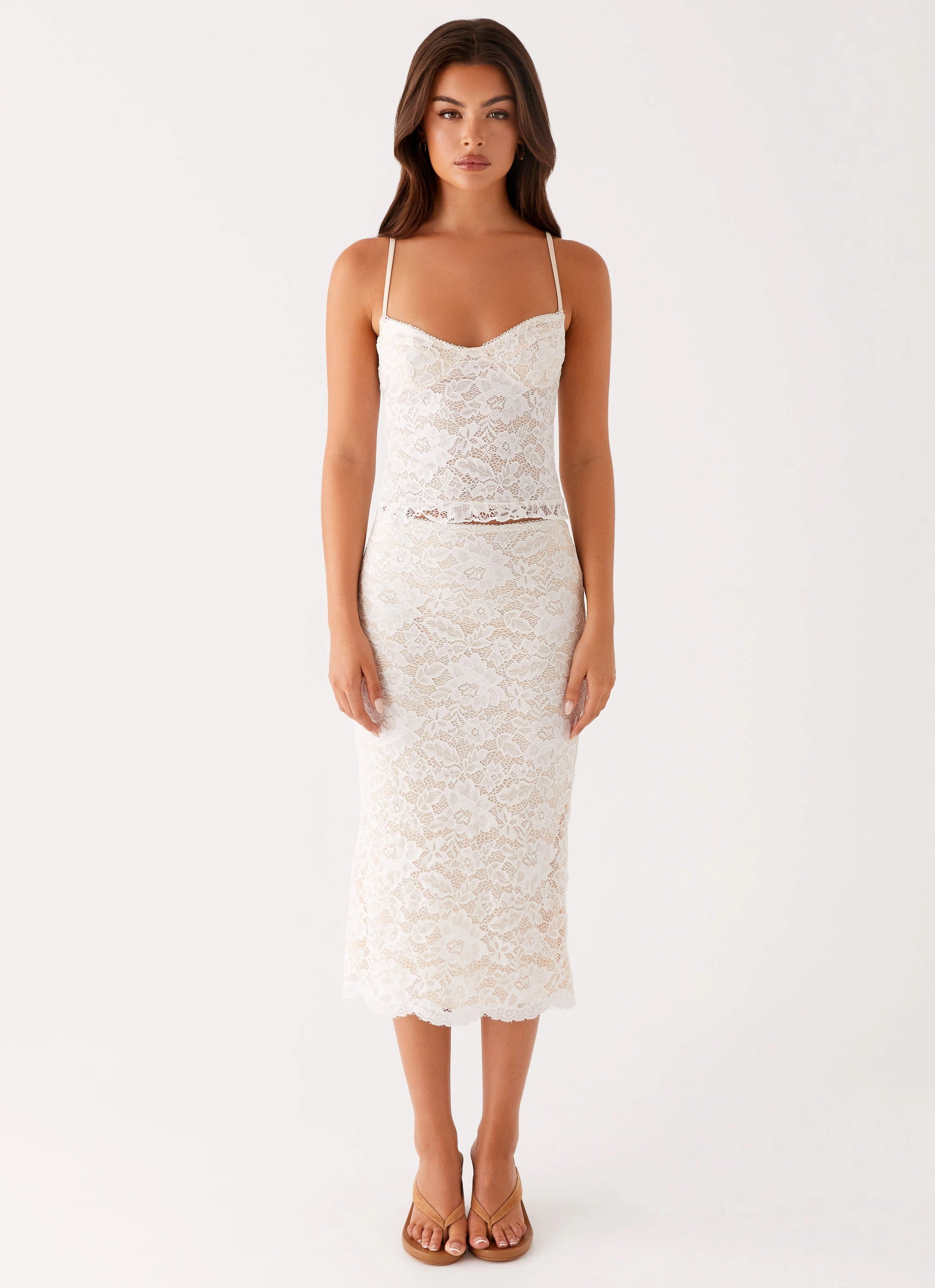 Cozy Edge Crystal Clear Lace Midi Skirt - Ivory
