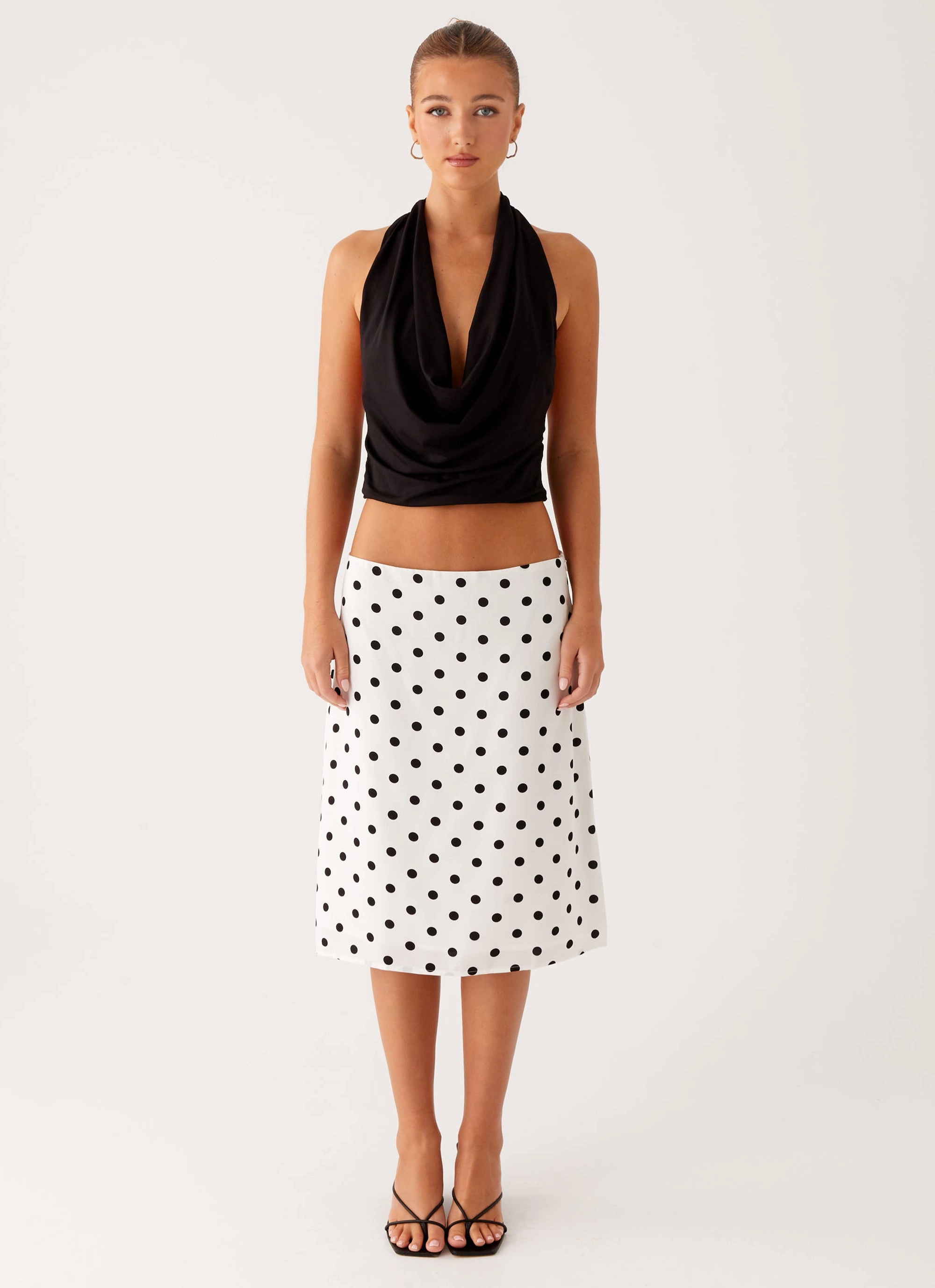 Evoke Chiffon Midi Skirt - White Polka Dot Balanced Outfit raw hem