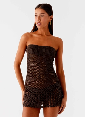 vacation look Kaiane Strapless Crochet Mini Dress - Chocolate