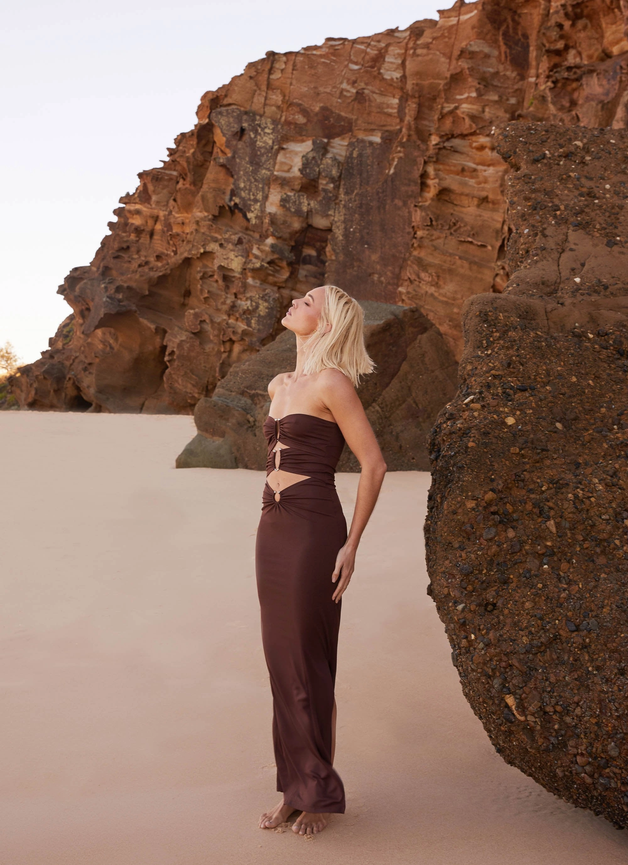 Natasha Strapless Maxi Dress - Chocolate Perfect Fit Wear Satin Grace