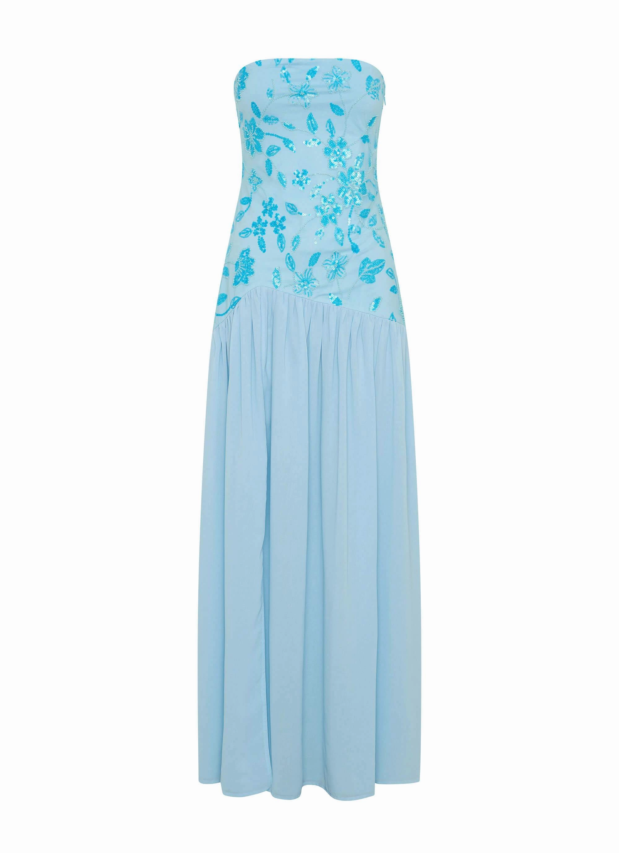 Eden Strapless Beaded Maxi Dress - Blue Silky Form Natural Flow
