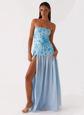 Eden Strapless Beaded Maxi Dress - Blue Minimalist Layering