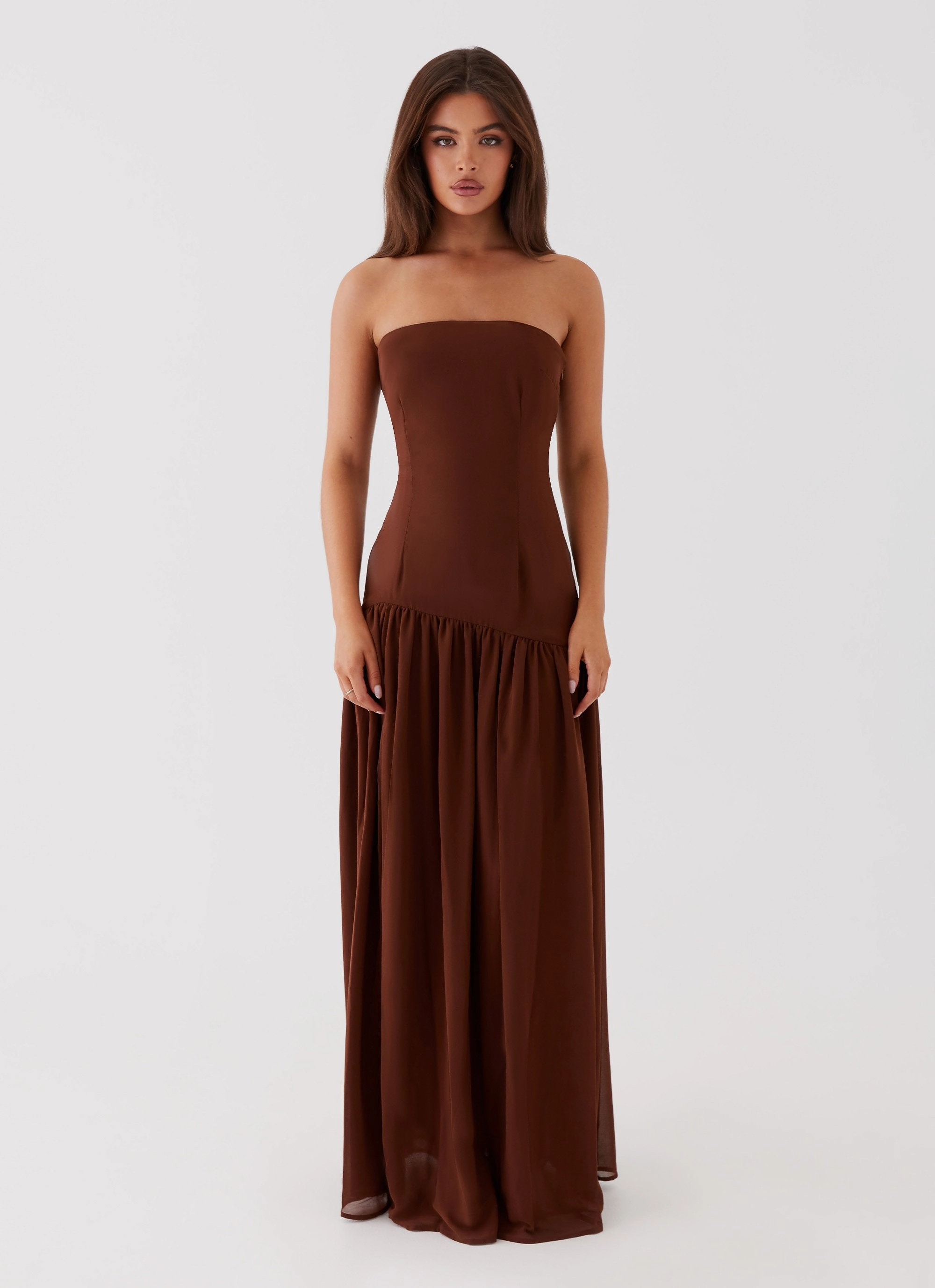 Vibrant Waist Fit Feminine Cut Eden Strapless Maxi Dress - Brown