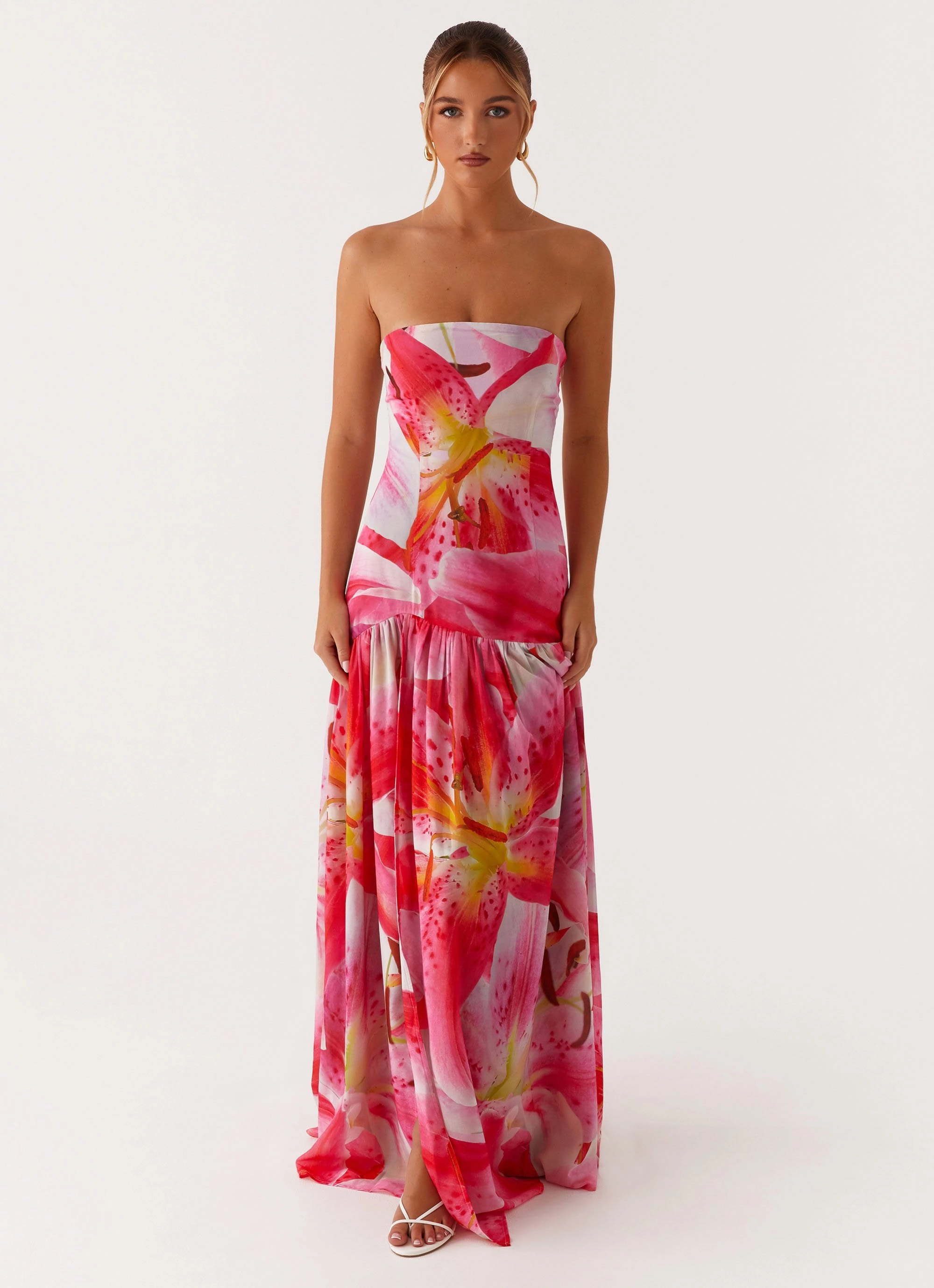Shine Skin Eden Strapless Maxi Dress - White Pink Lilly