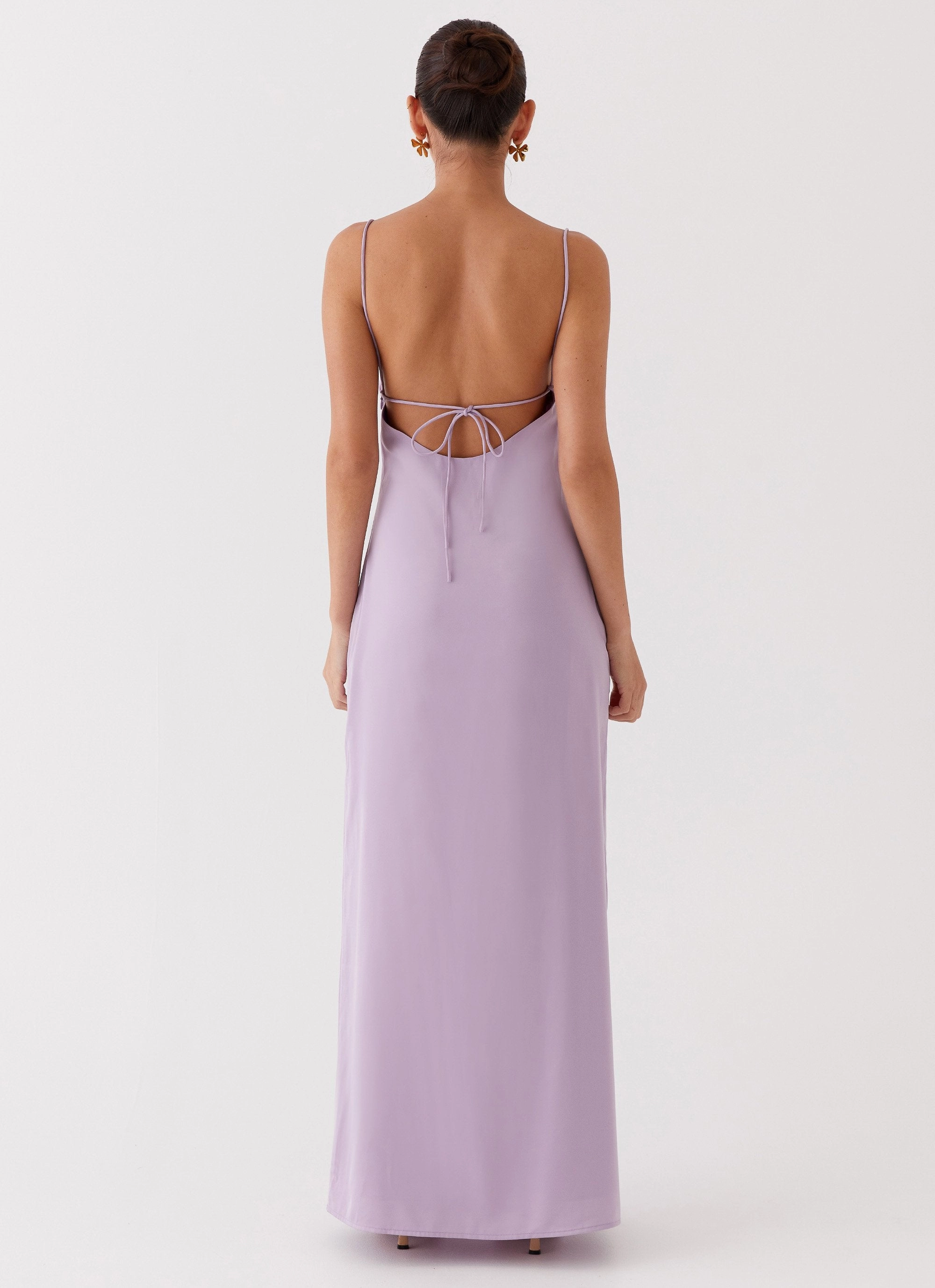 Thermal-Lined Flare Hem Dream Sight Lace Satin Maxi Dress - Lilac
