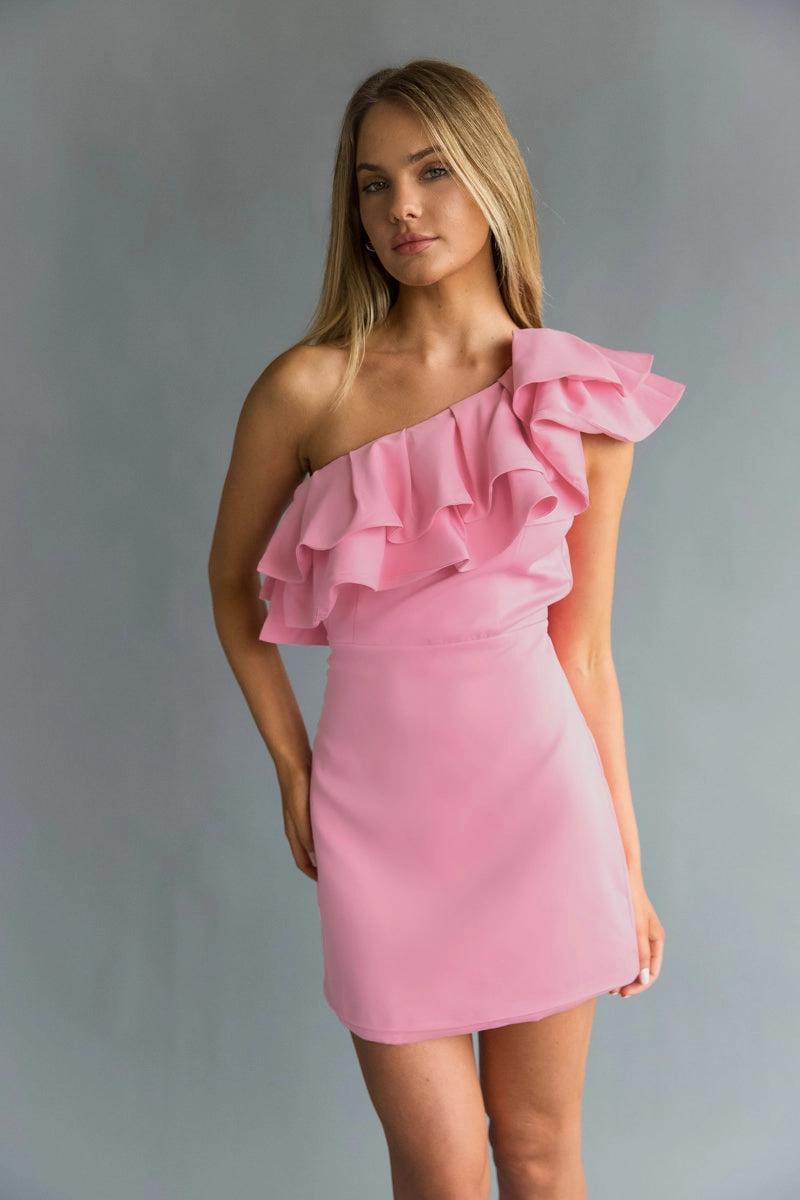 Timeless-Classic Side-Zip Edith One Shoulder Ruffle Mini Dress