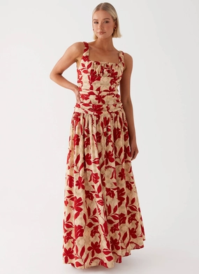 Zinna Linen Maxi Dress - Red Silky Drape Work Flex