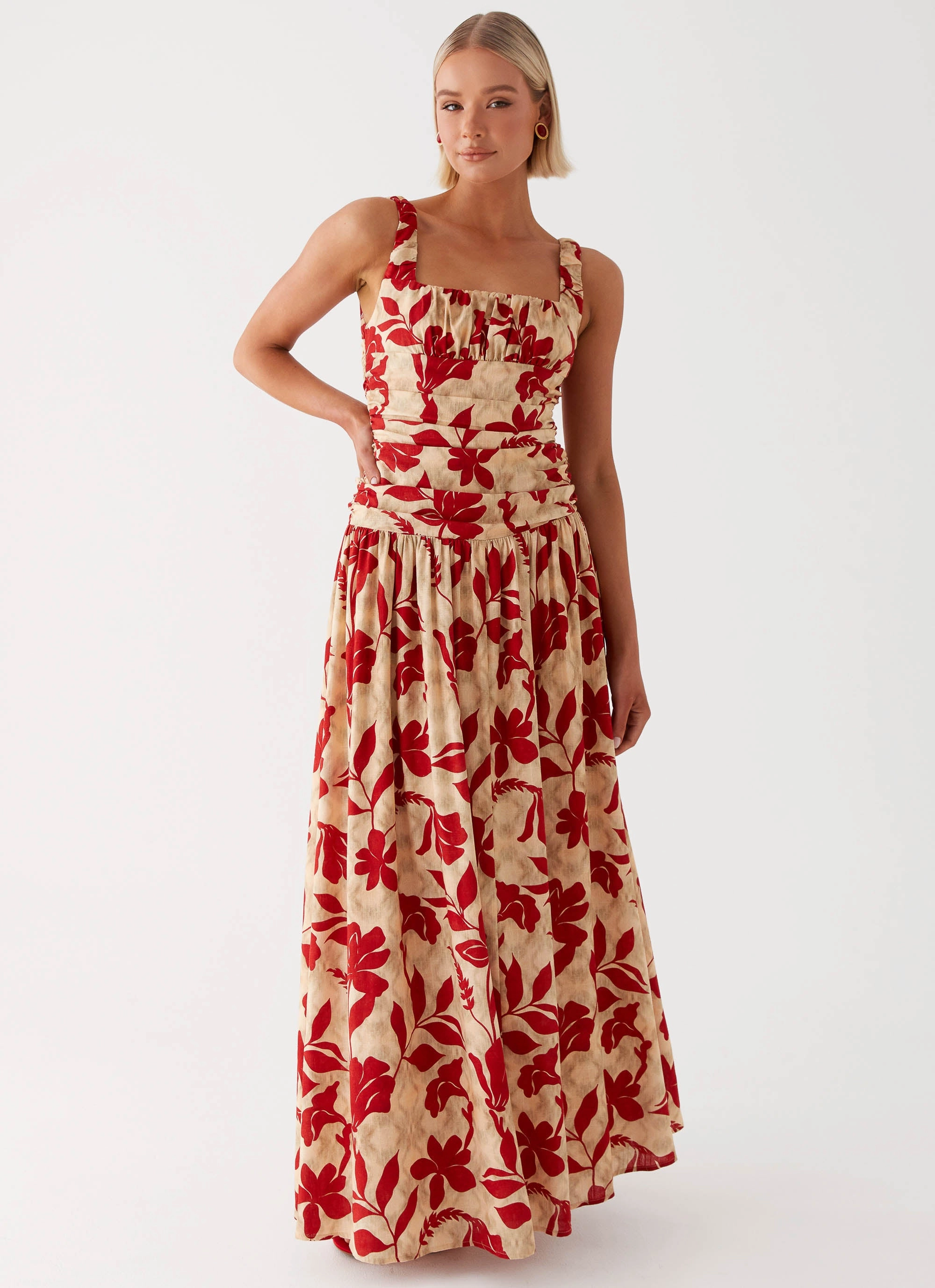 Zinna Linen Maxi Dress - Red Silky Drape Work Flex