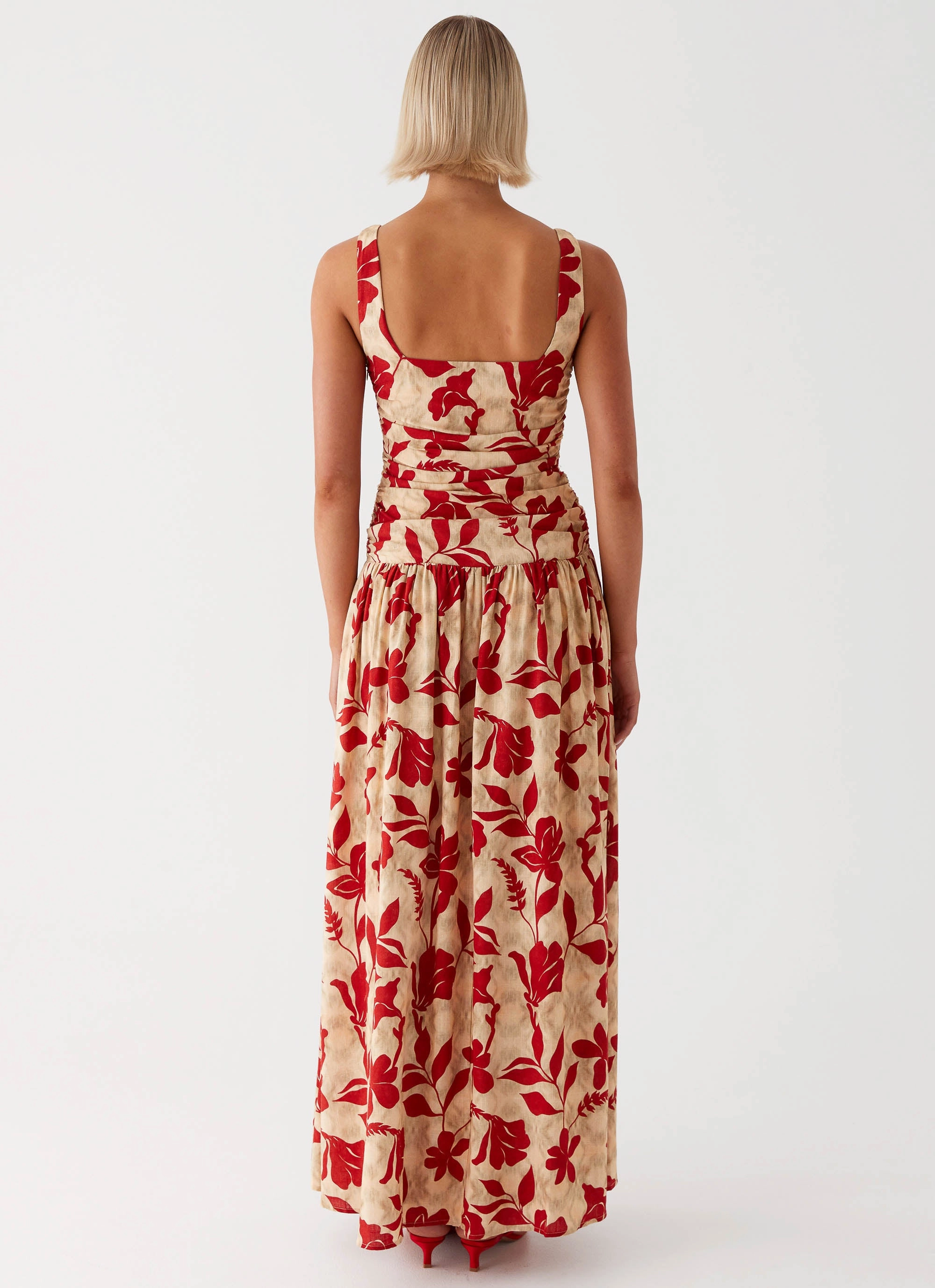 Zinna Linen Maxi Dress - Red Cap-Sleeve