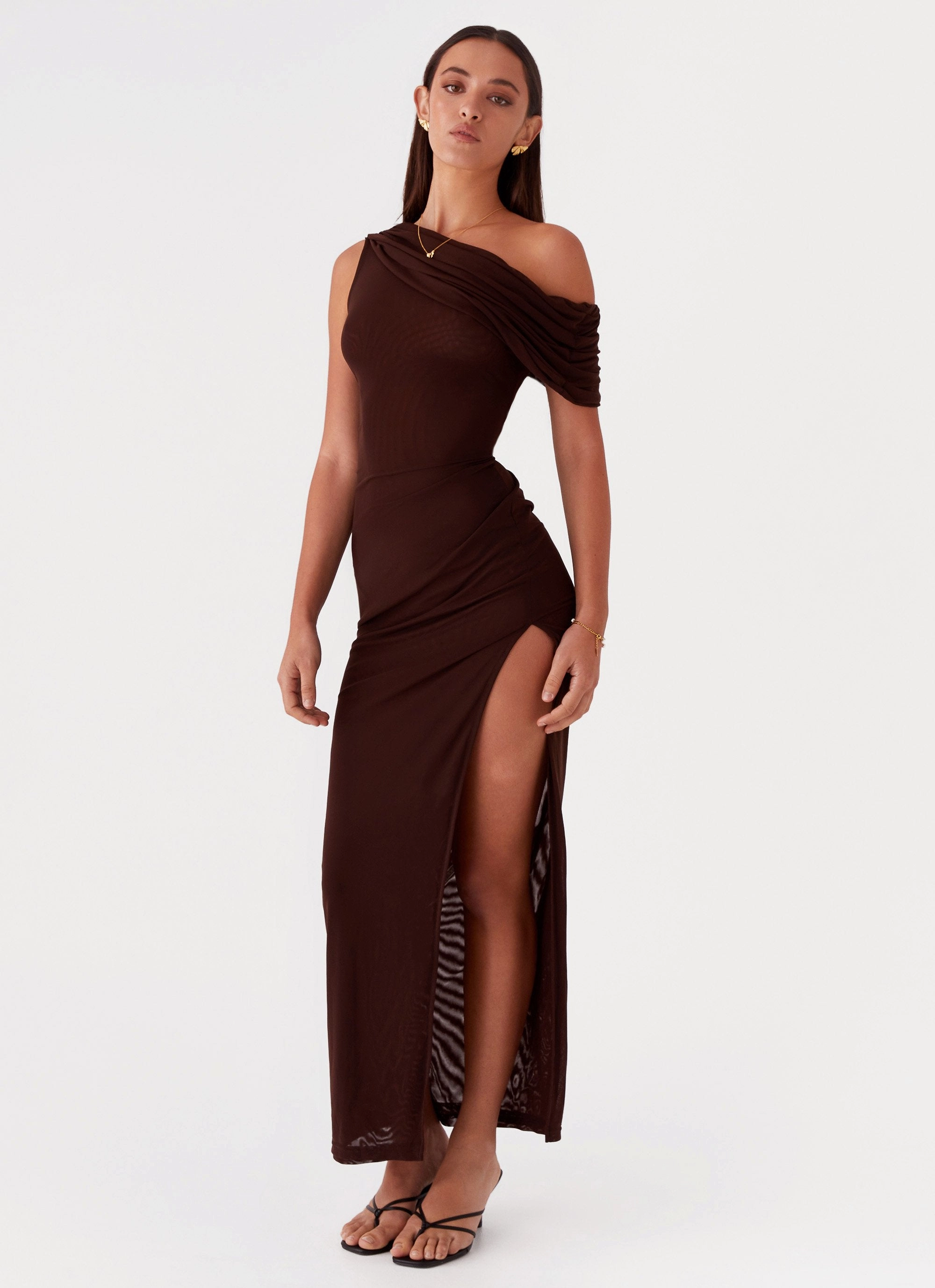 Flared shape Soft-touch Ciara One Shoulder Draped Maxi Dress - Chocolate