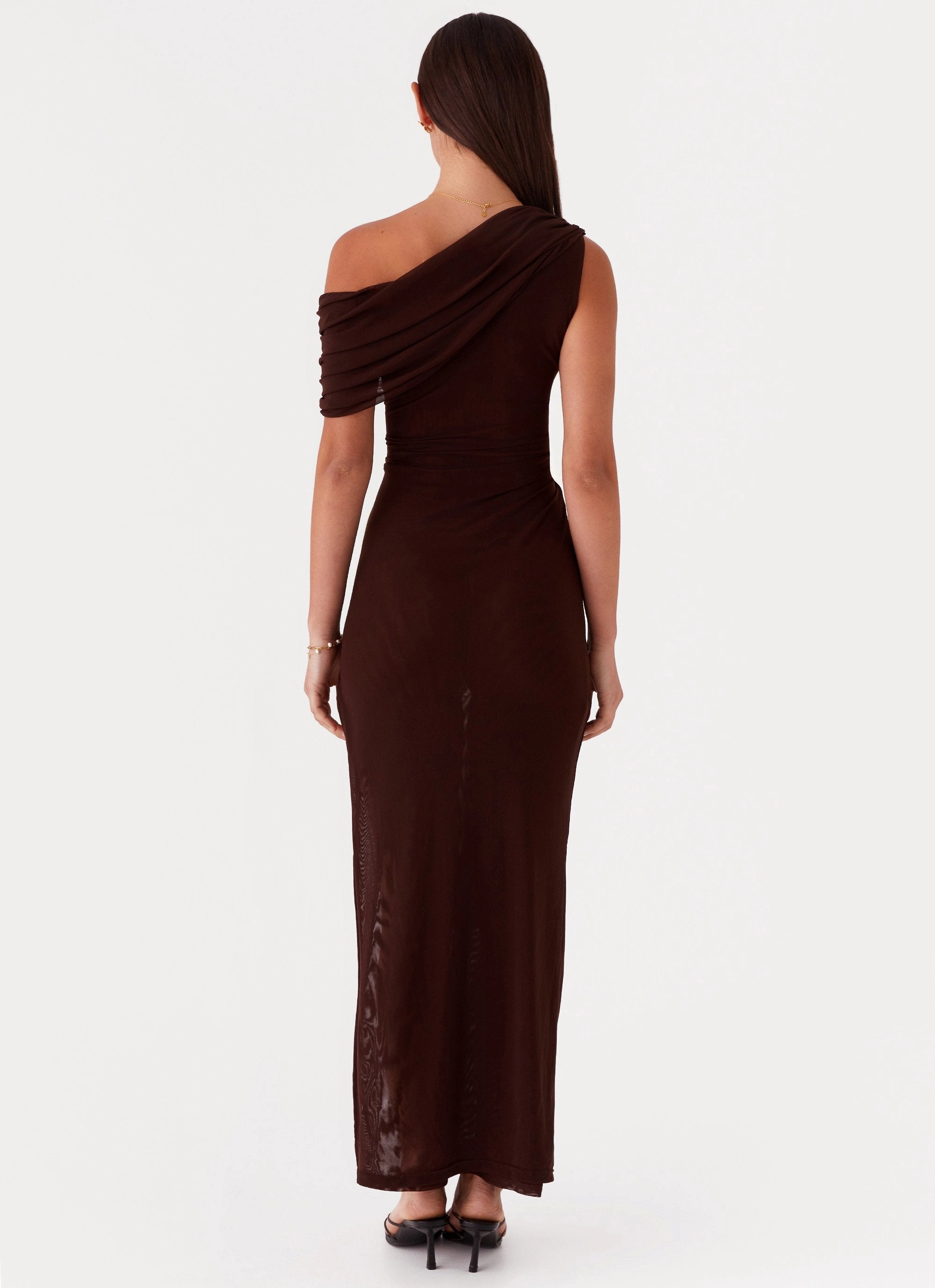 Chilly Comfort Fitted waist Ciara One Shoulder Draped Maxi Dress - Chocolate